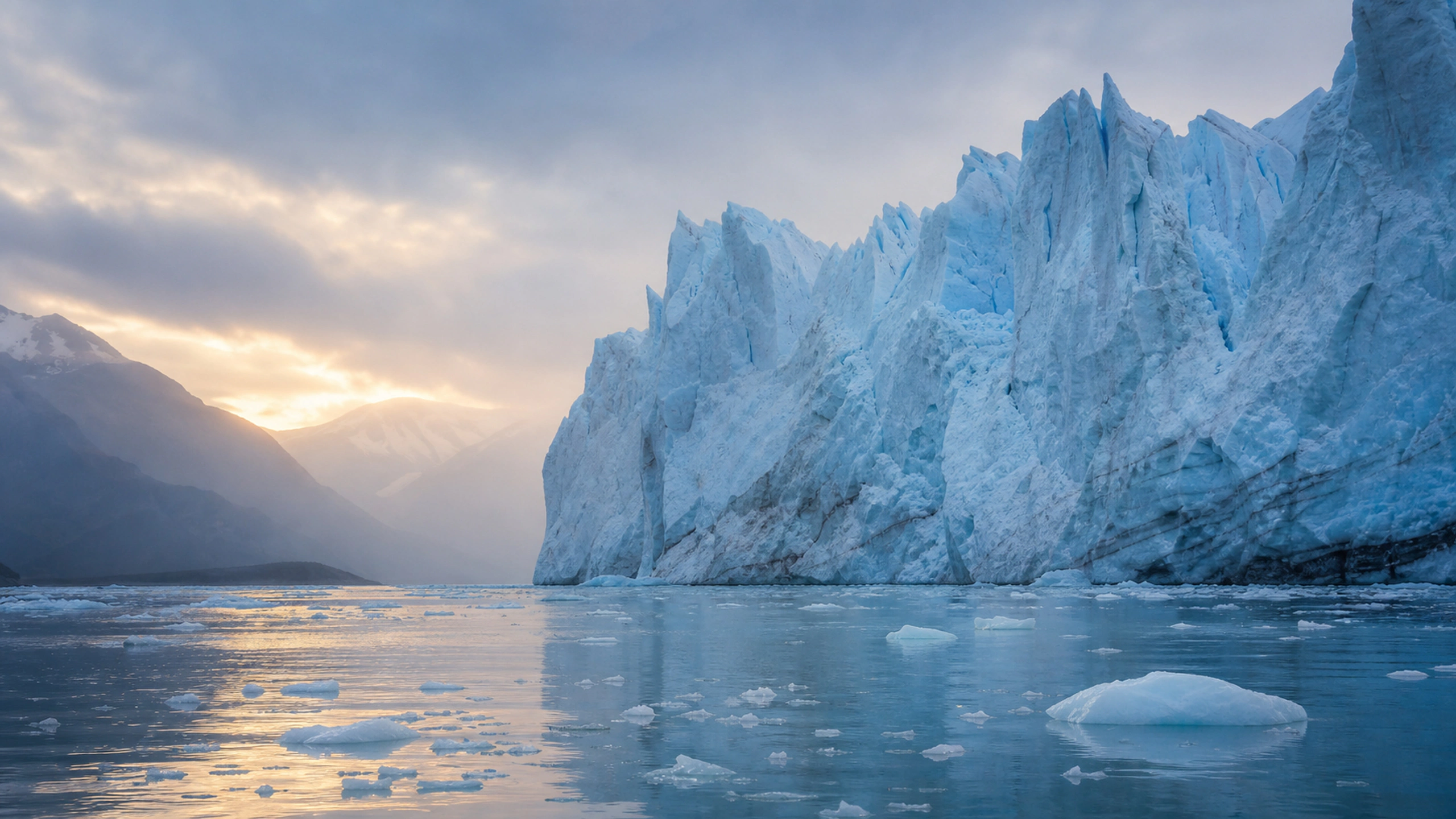 Glacier face above a steel-blue lake, cold dawn haze and floating fragments of clear ice, original 4K nature wallpaper