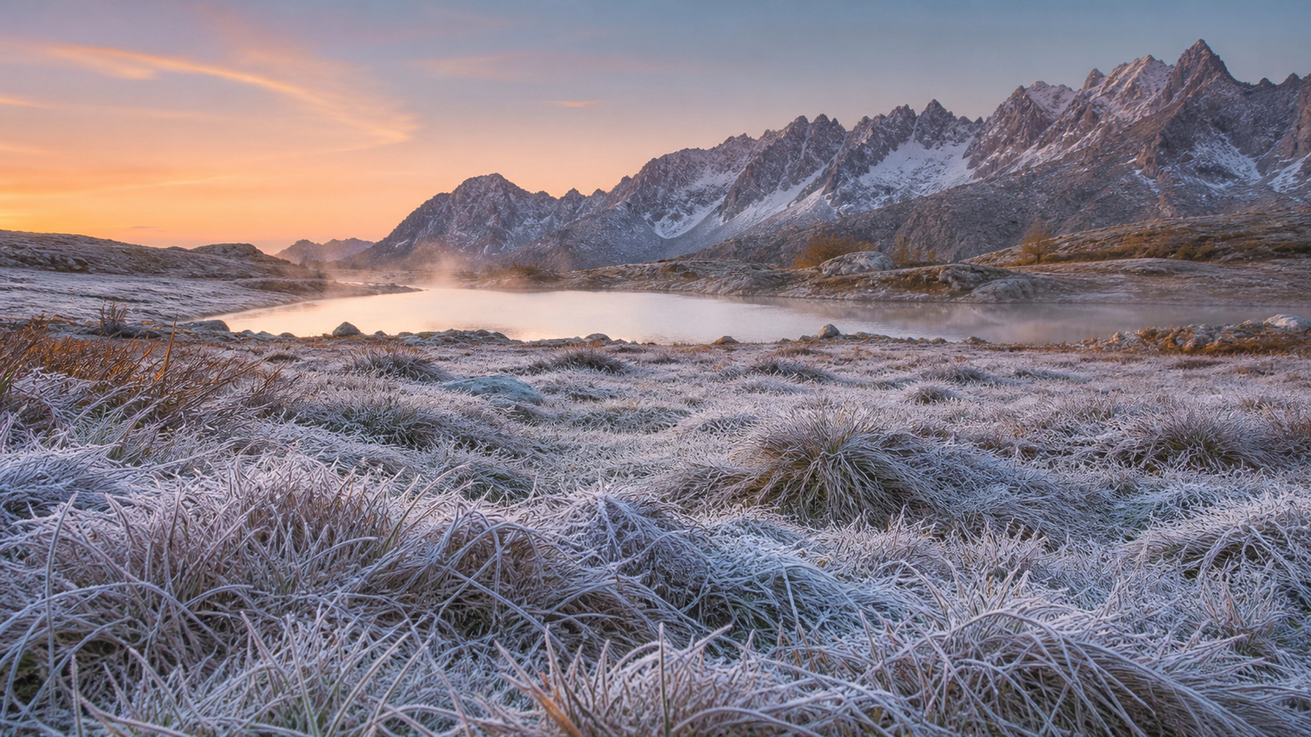 Frost-covered meadow looking toward a serrated ridge, peach dawn and visible grass crystals, original 4K nature wallpaper