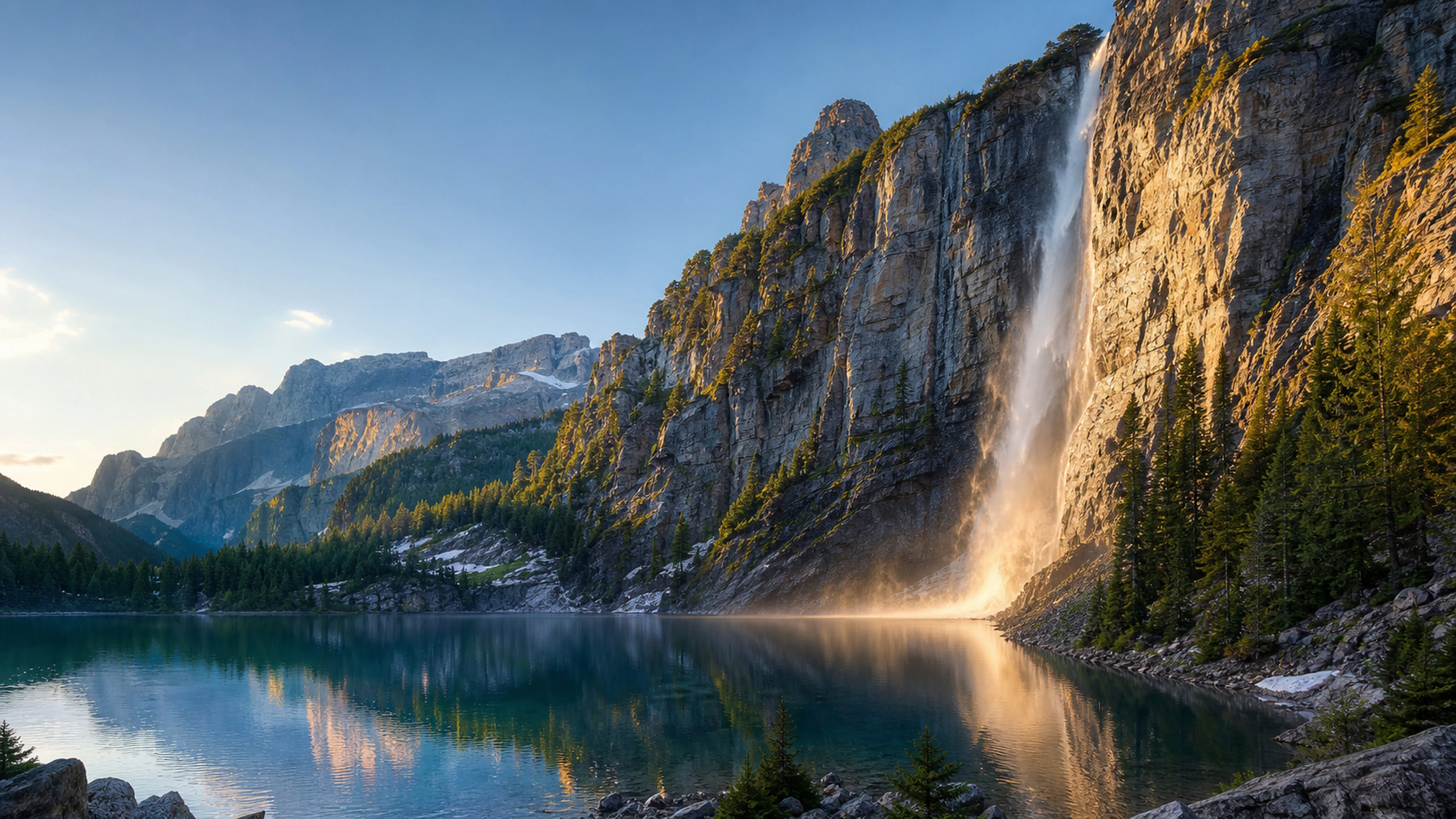 High waterfall descending beside an alpine lake, early light catching spray and cliffs, original 4K nature wallpaper