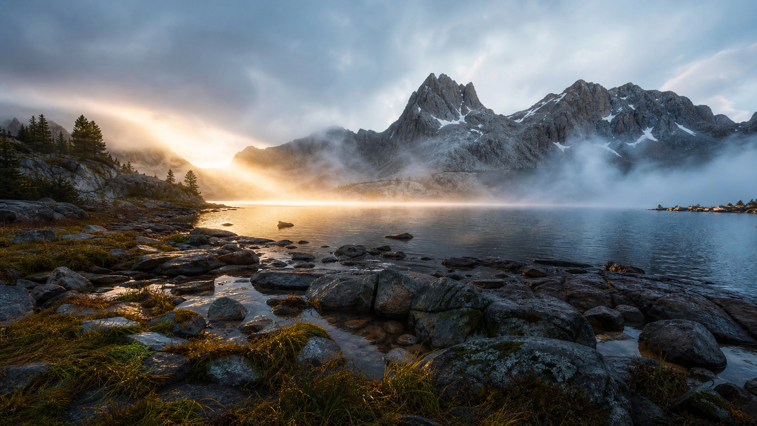 Dramatic basin after a storm, warm dawn beam across wet rocks and lingering mist, original 4K mountains wallpaper