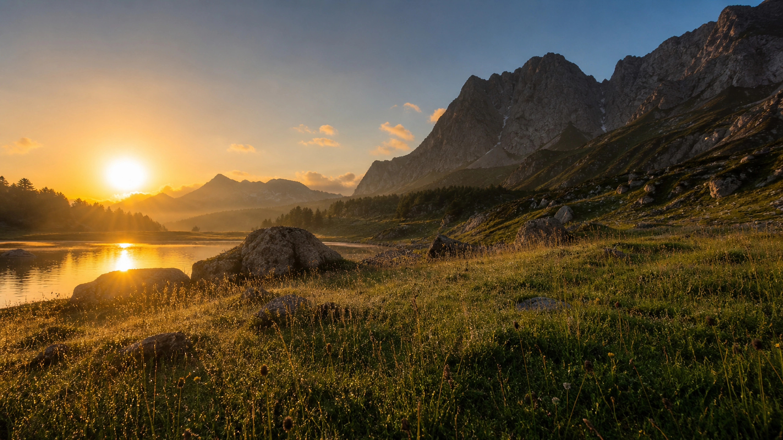 Warm sunrise flooding a high meadow below shadowed mountains, dew and wild grass, original 4K mountains wallpaper