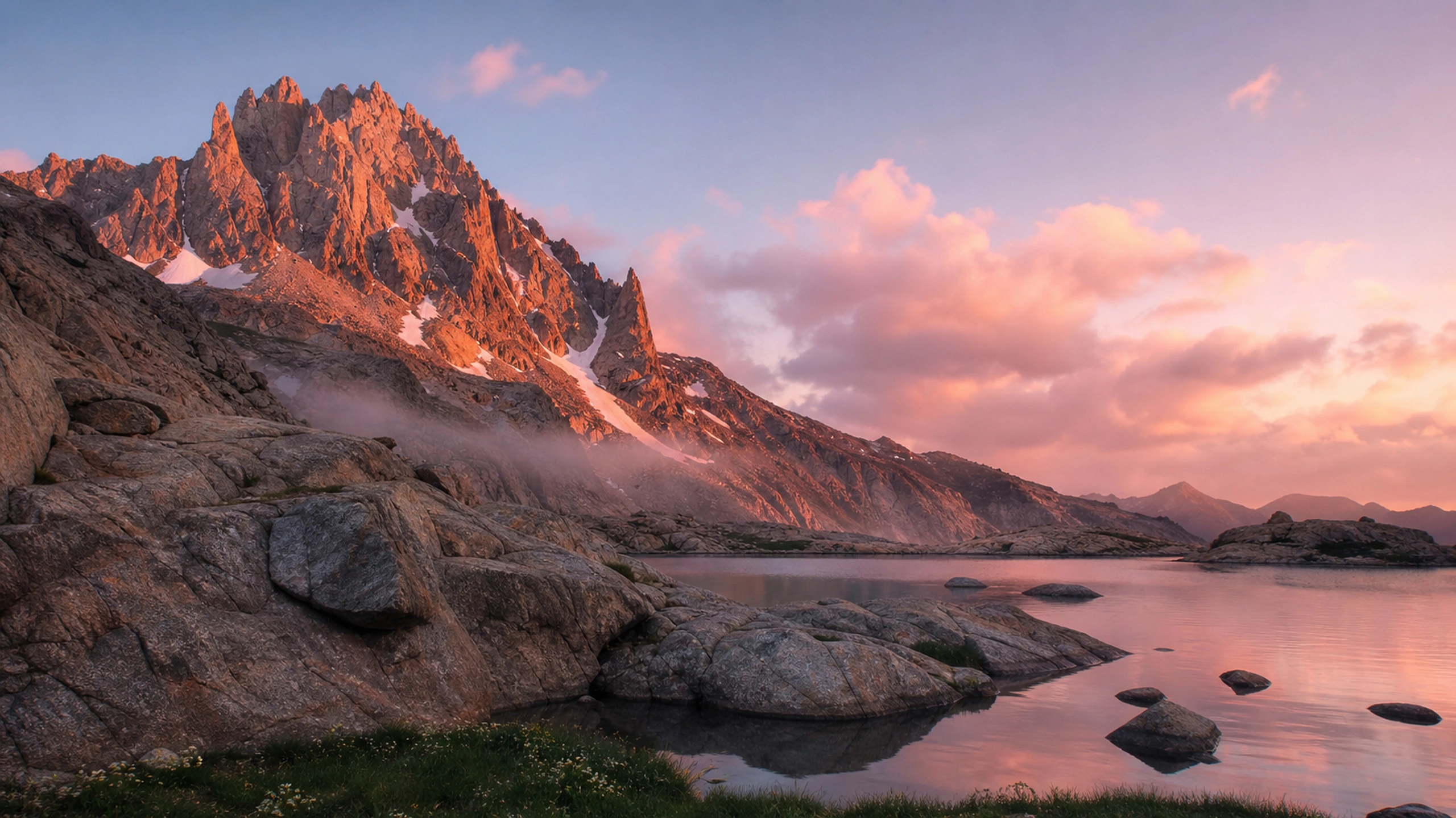 Close wide view of rough granite faces catching pink-orange alpenglow, original 4K mountains wallpaper