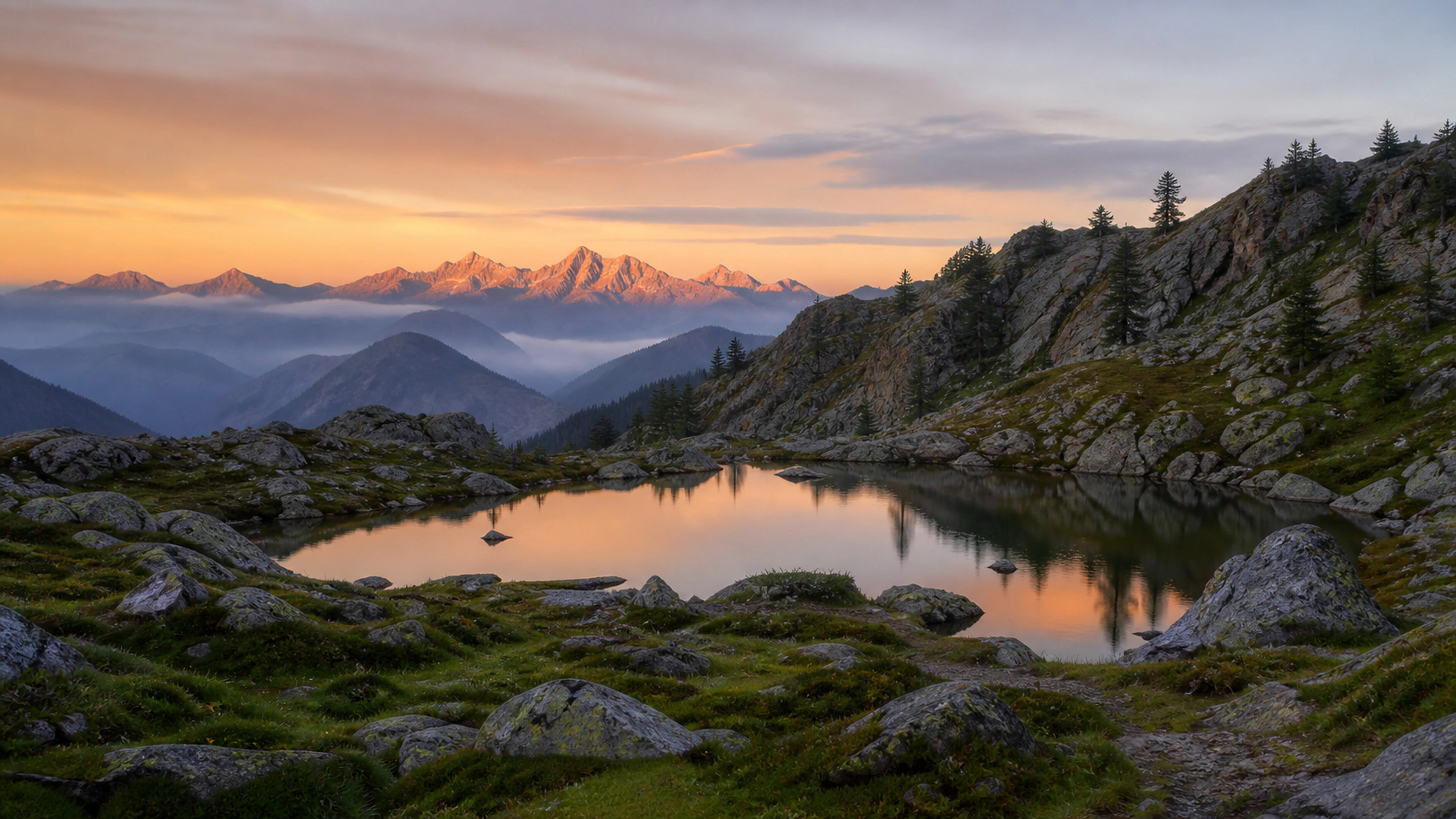 Layered mountain silhouettes with one far range glowing through dawn haze, original 4K mountains wallpaper