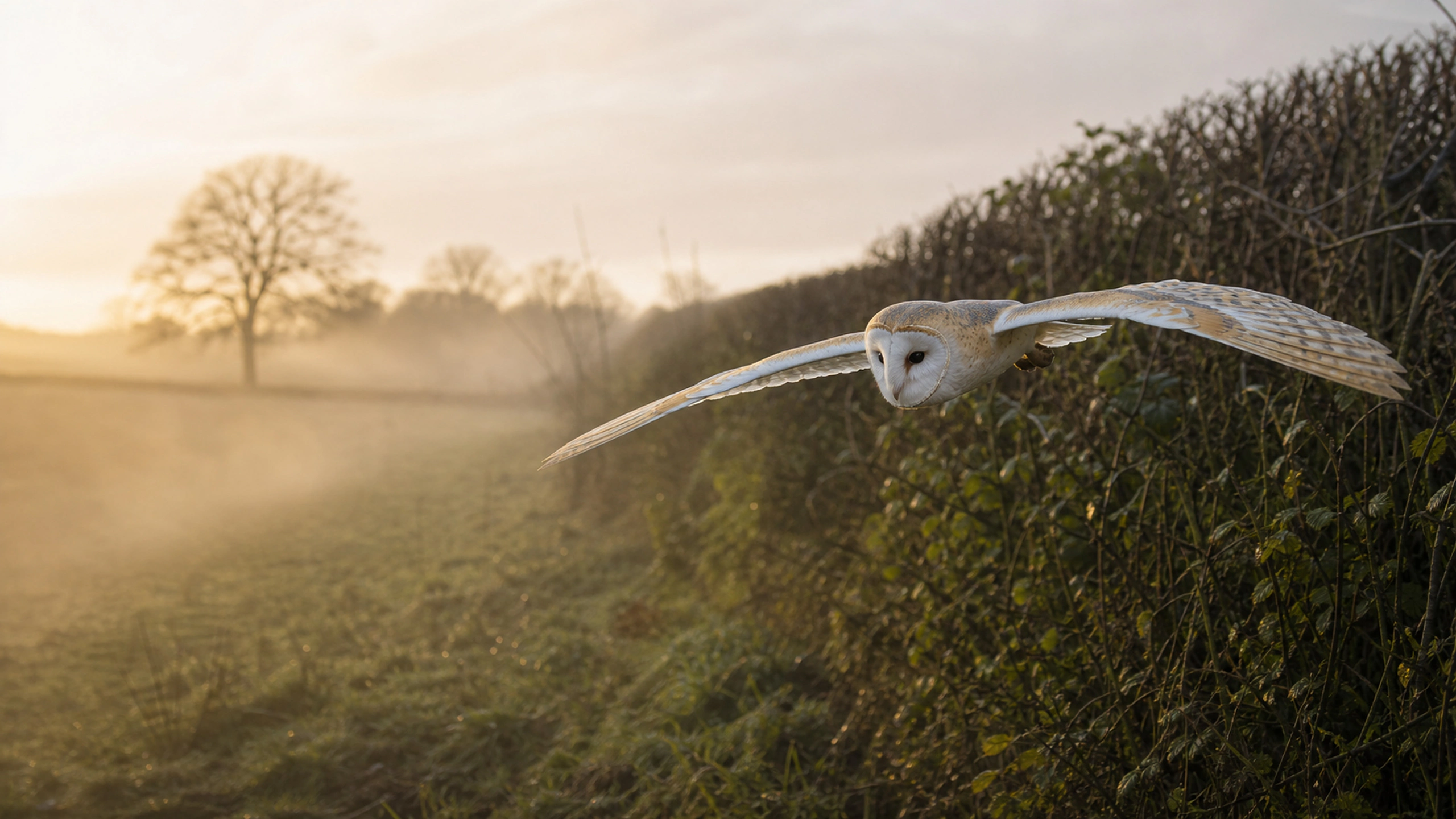 Barn owl gliding low beside a misty hedgerow, wings fully extended and anatomically correct, original 4K birds wallpaper