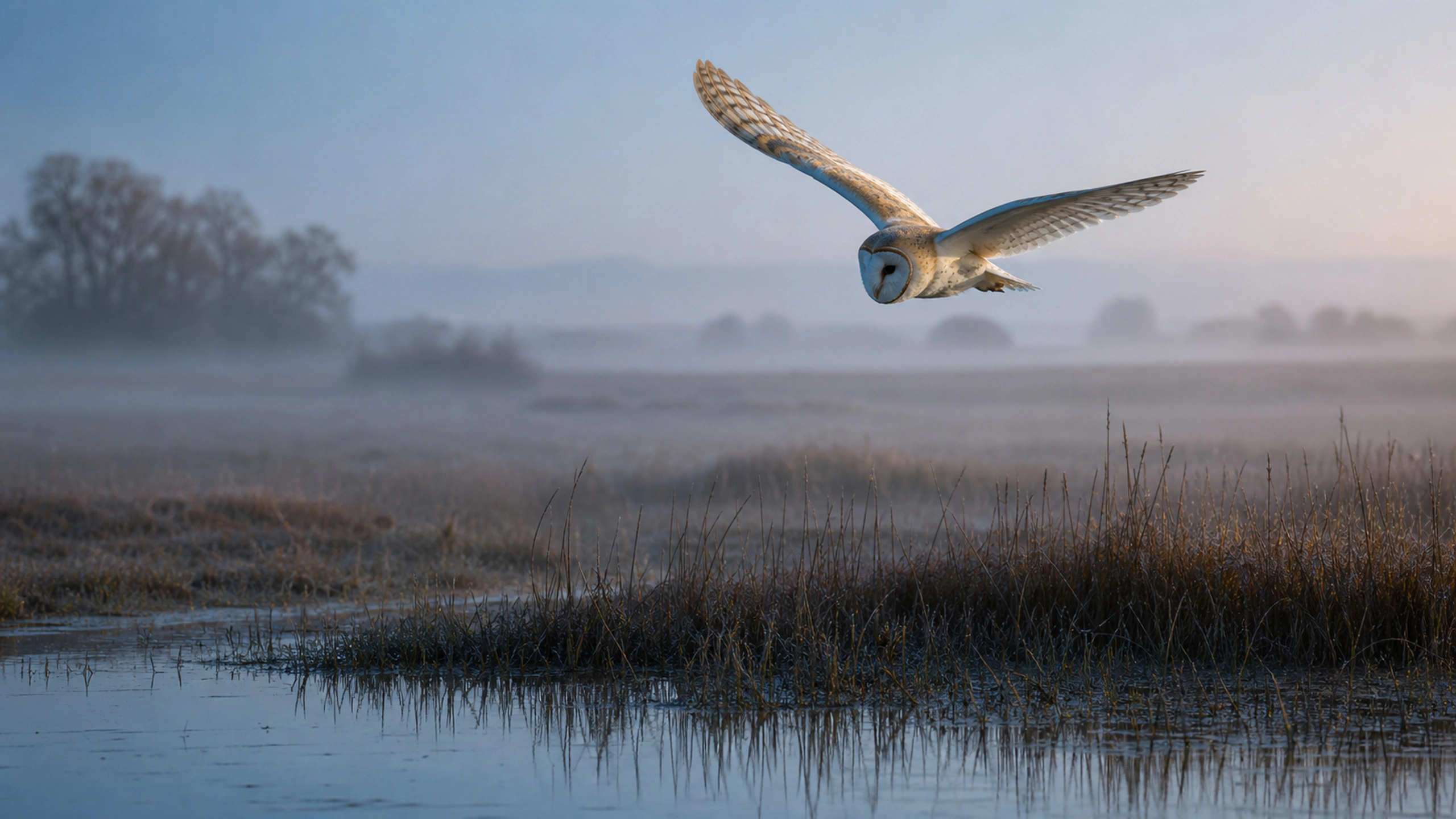 Barn owl flying above quiet reeds and shallow water in cool dawn haze, original 4K birds wallpaper