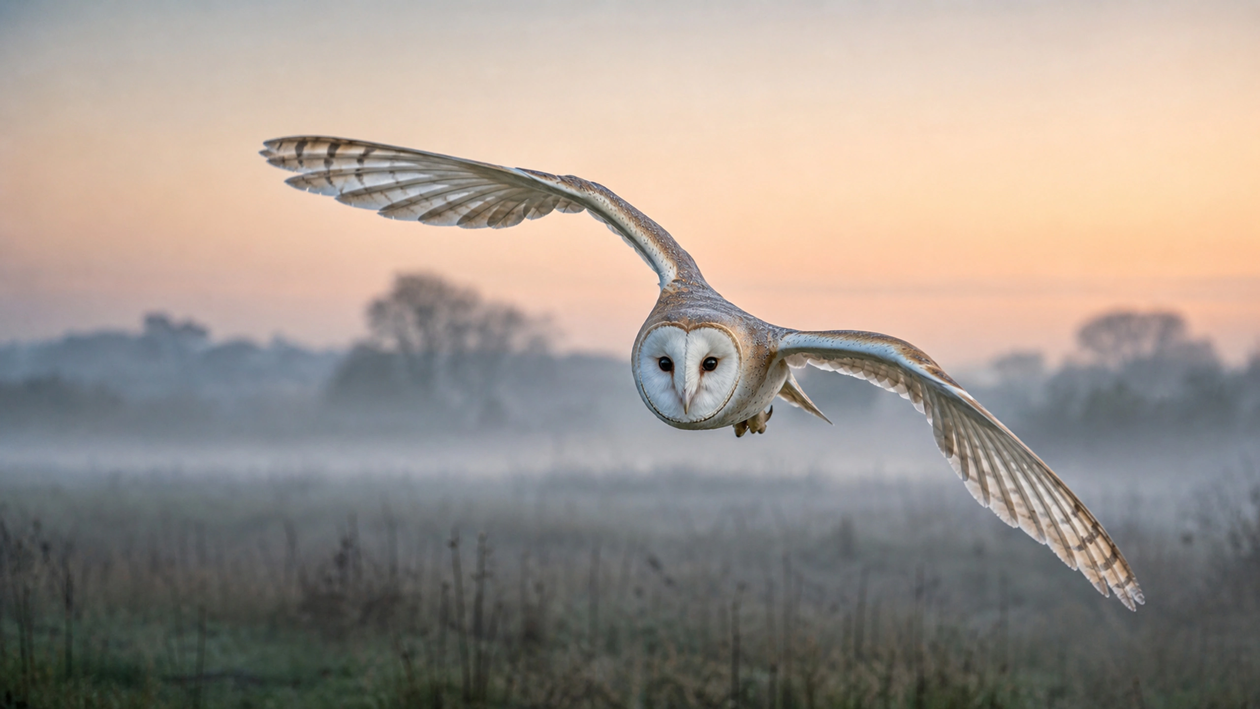 Front three-quarter view of a barn owl approaching over an empty field, realistic feather motion, original 4K birds wallpaper
