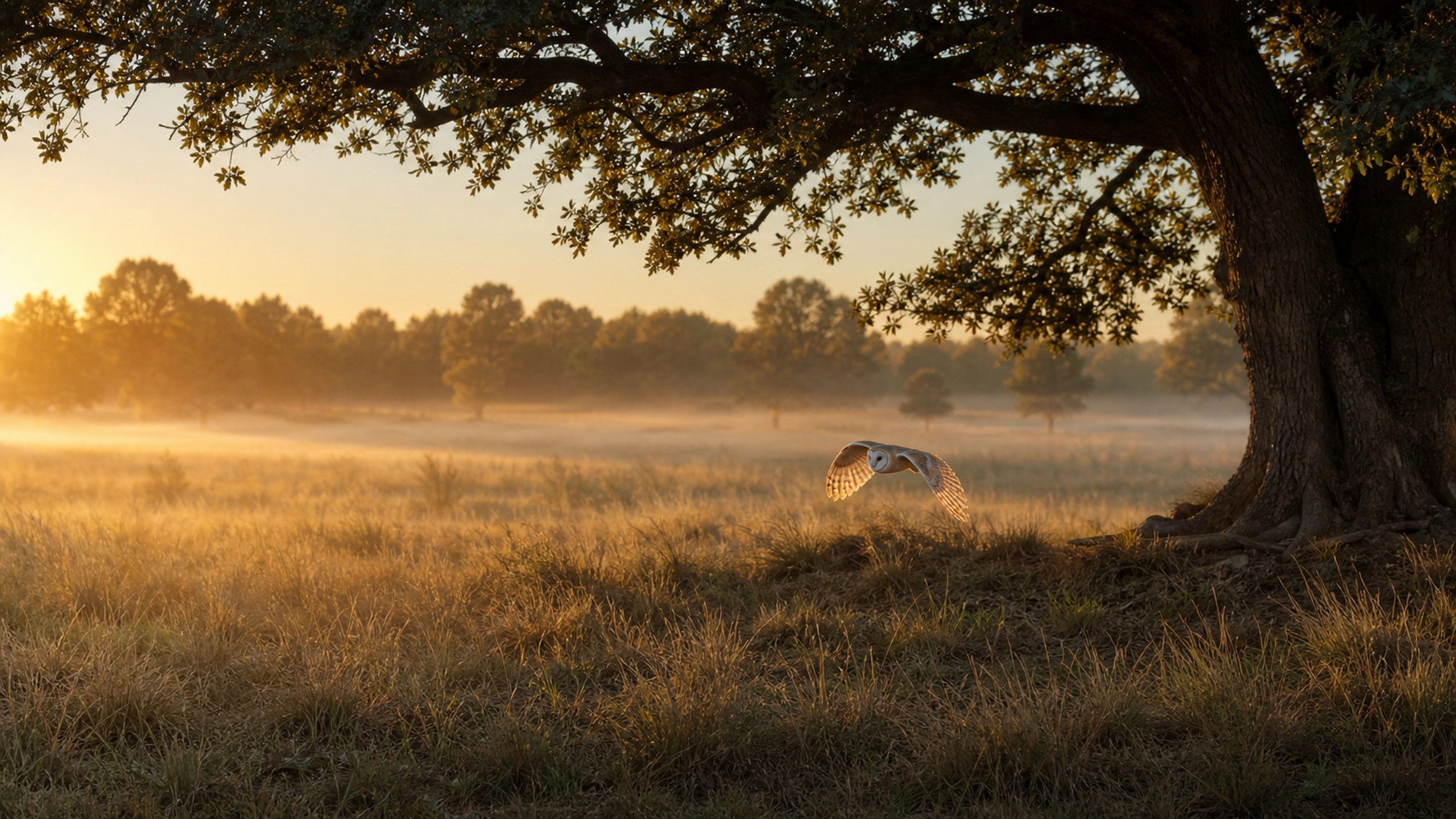 Barn owl crossing beneath an old oak at sunrise, small subject within a wide landscape, original 4K birds wallpaper