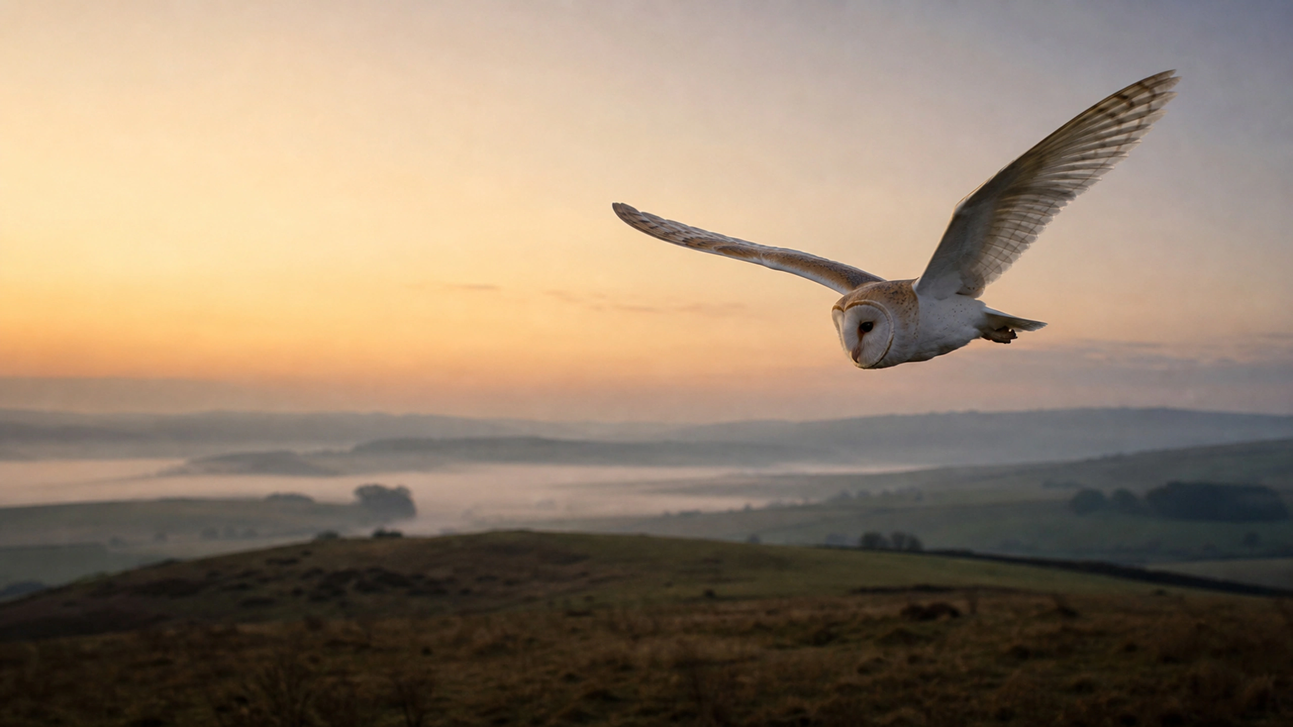 Barn owl gliding over rolling farmland with layered dawn hills and natural scale, original 4K birds wallpaper