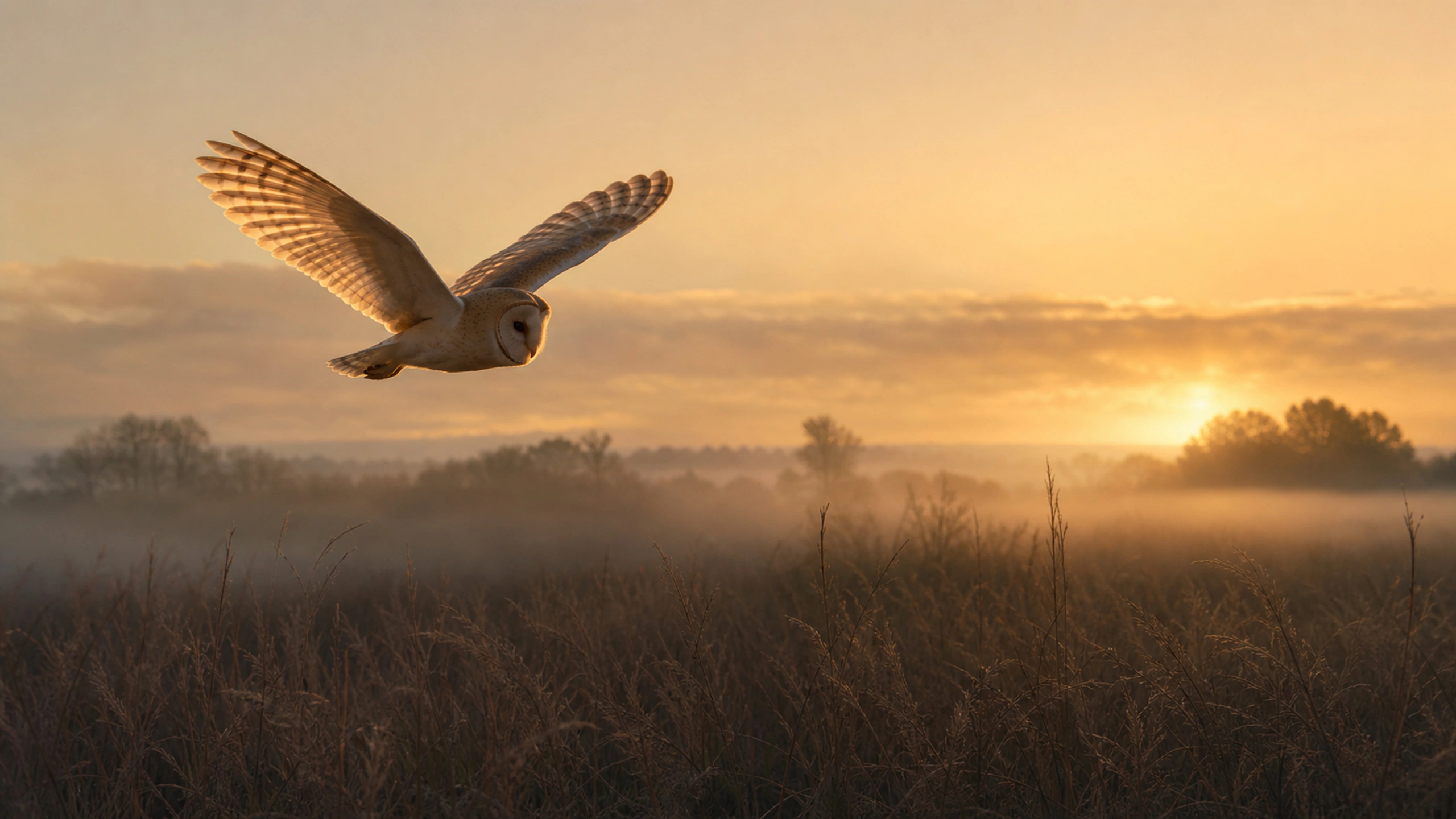 Barn owl silhouette with translucent feather edges against restrained golden sunrise, original 4K birds wallpaper