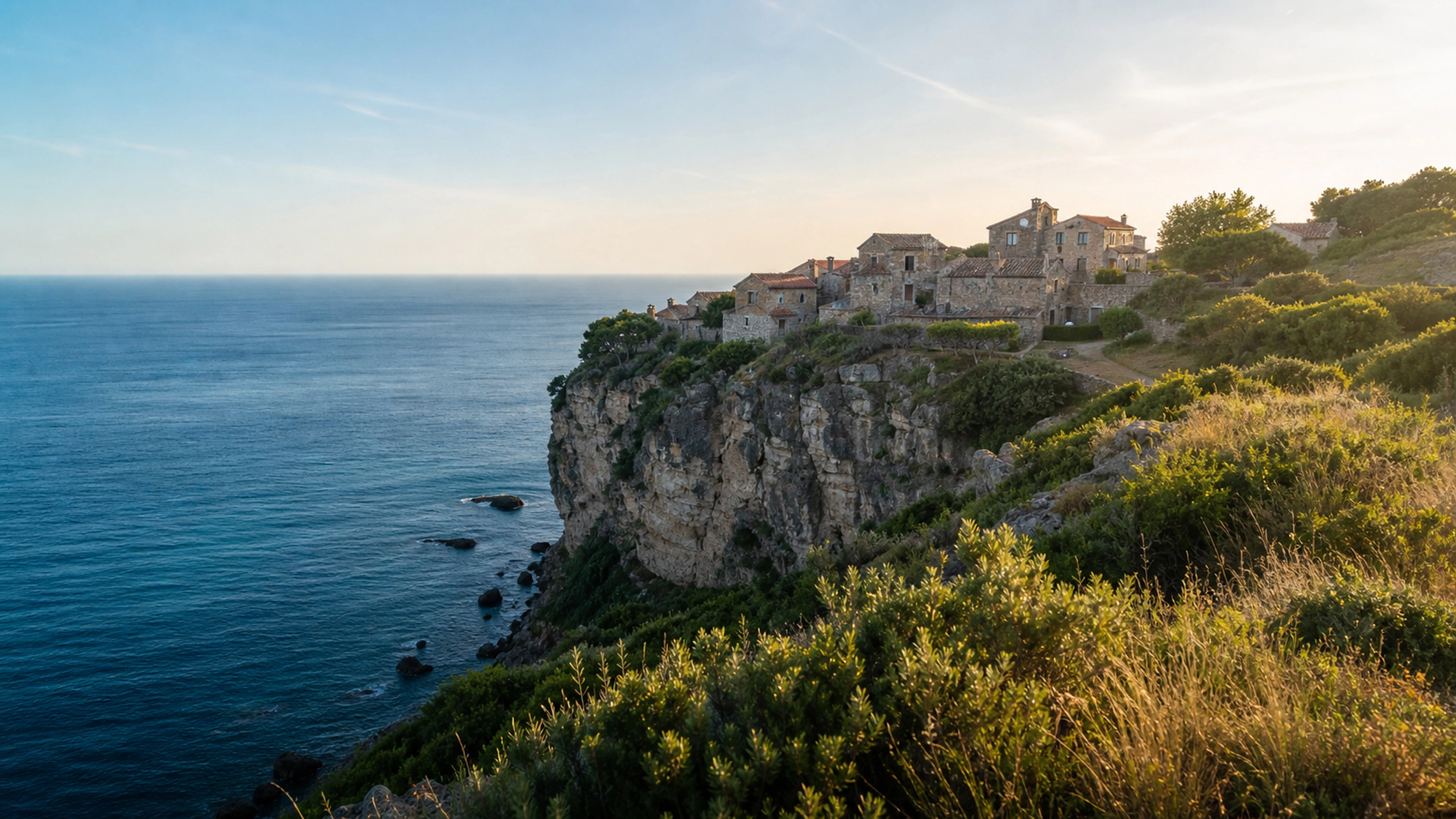 Original small stone village above a dramatic sea cliff, morning light and no people, original 4K travel wallpaper
