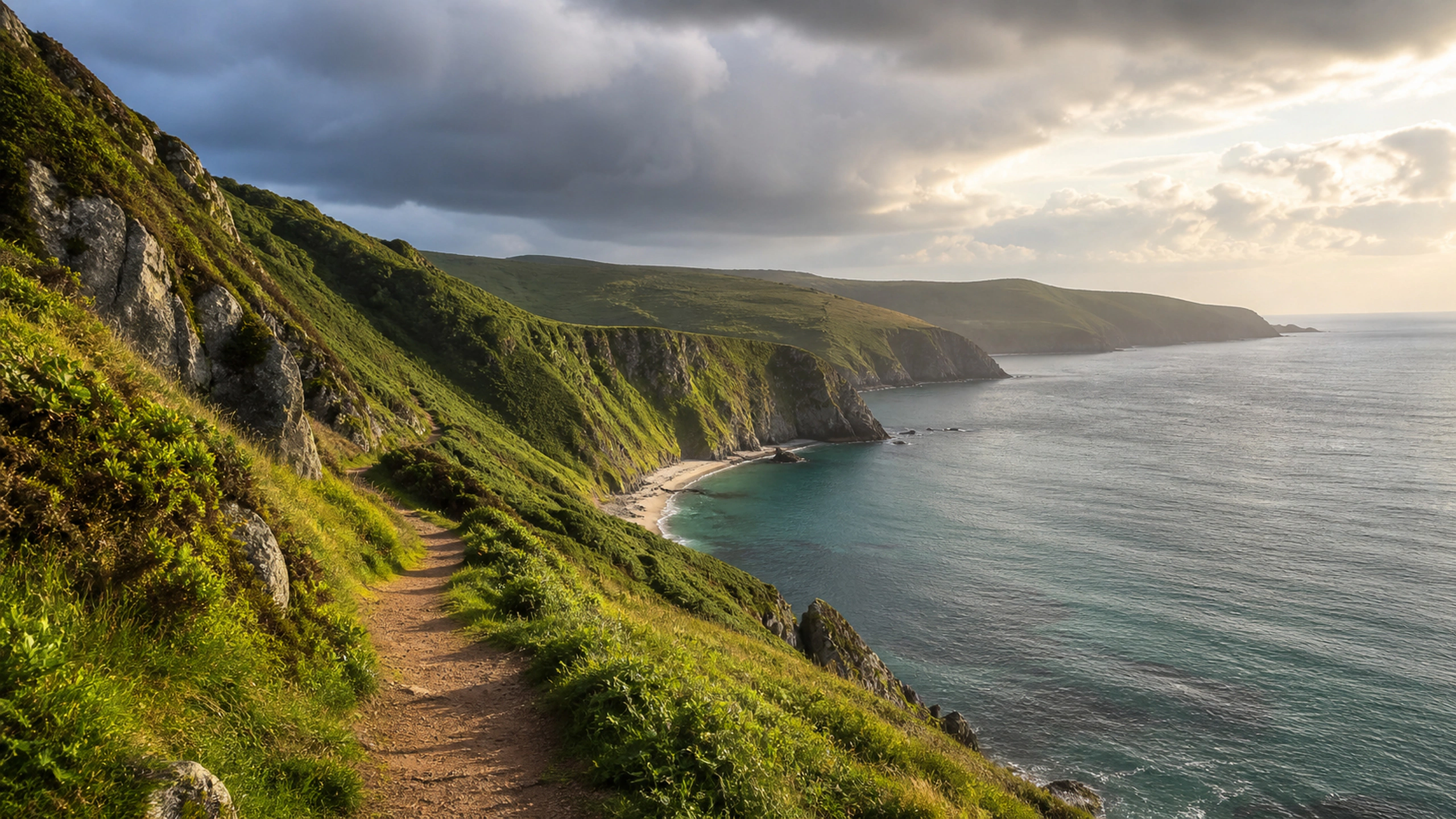 Narrow natural path along green cliffs toward an untouched bay, changing weather, original 4K travel wallpaper