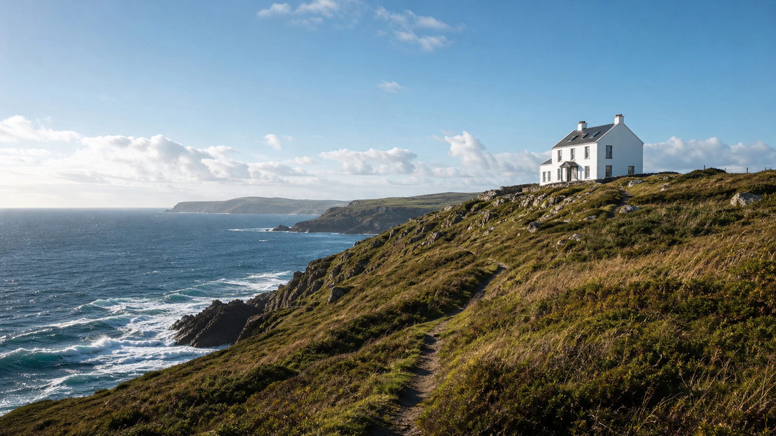 Single original white coastal house on a remote headland, bright windblown afternoon, original 4K travel wallpaper