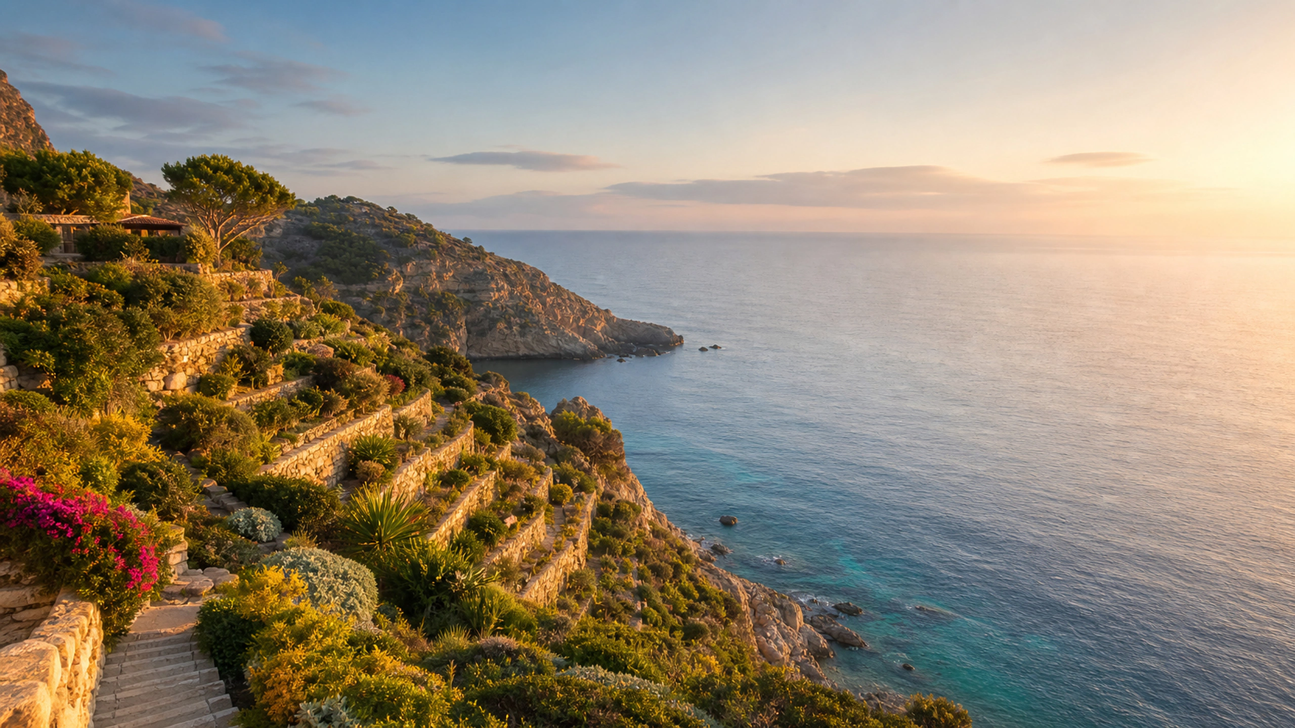 Invented terraced gardens descending toward a clear secluded cove, warm dawn, original 4K travel wallpaper