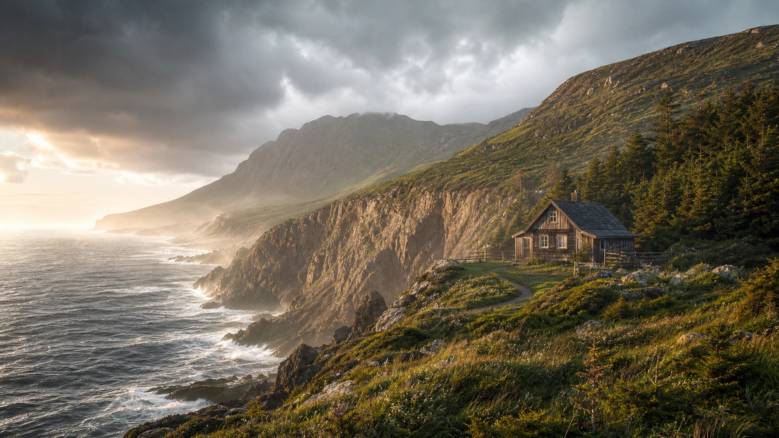 Weathered cabin safely set back from immense stormy cliffs, cinematic realism, original 4K travel wallpaper