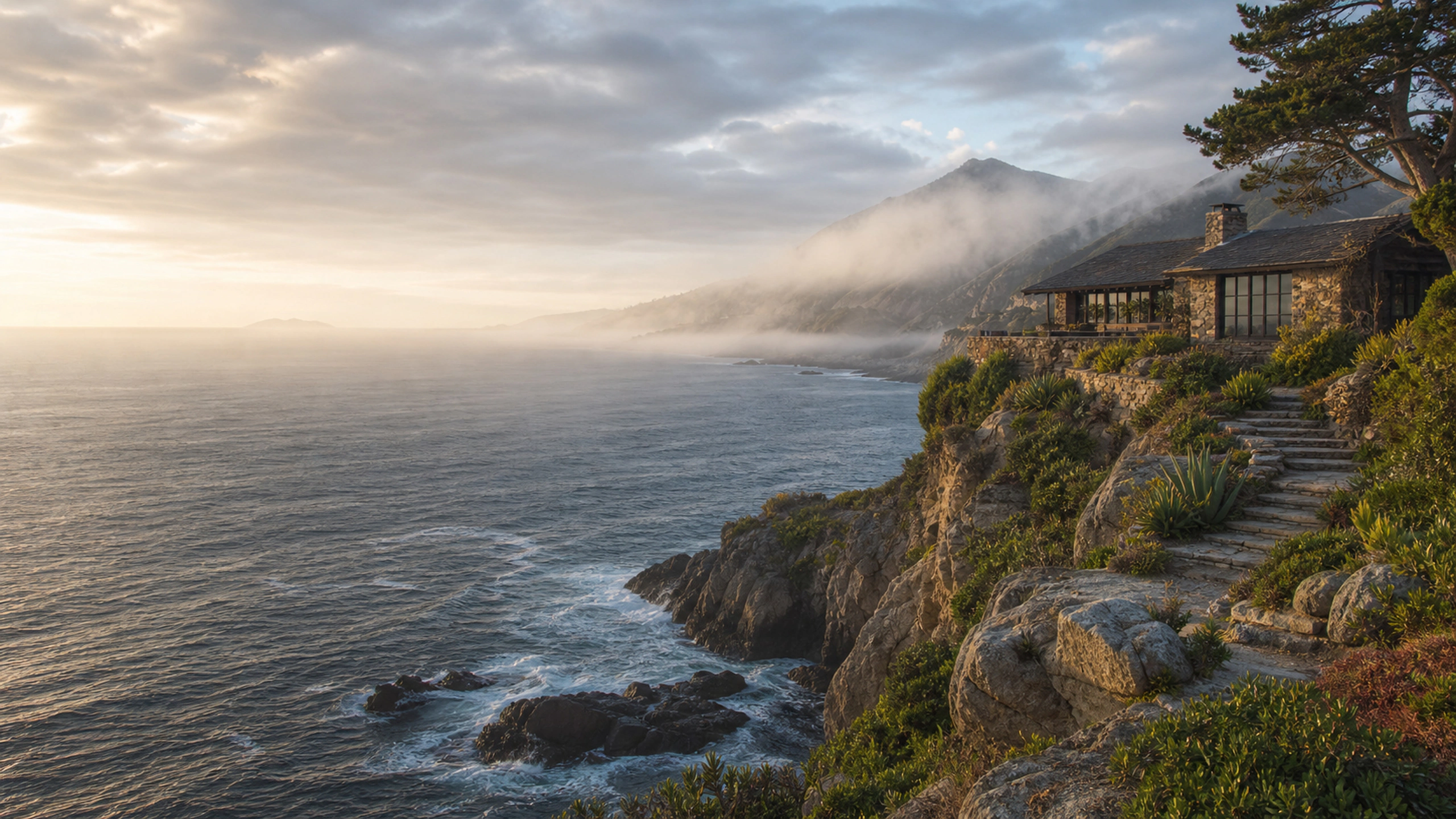 Original stone retreat on a rugged island shelf, soft fog and breaking ocean light, original 4K travel wallpaper