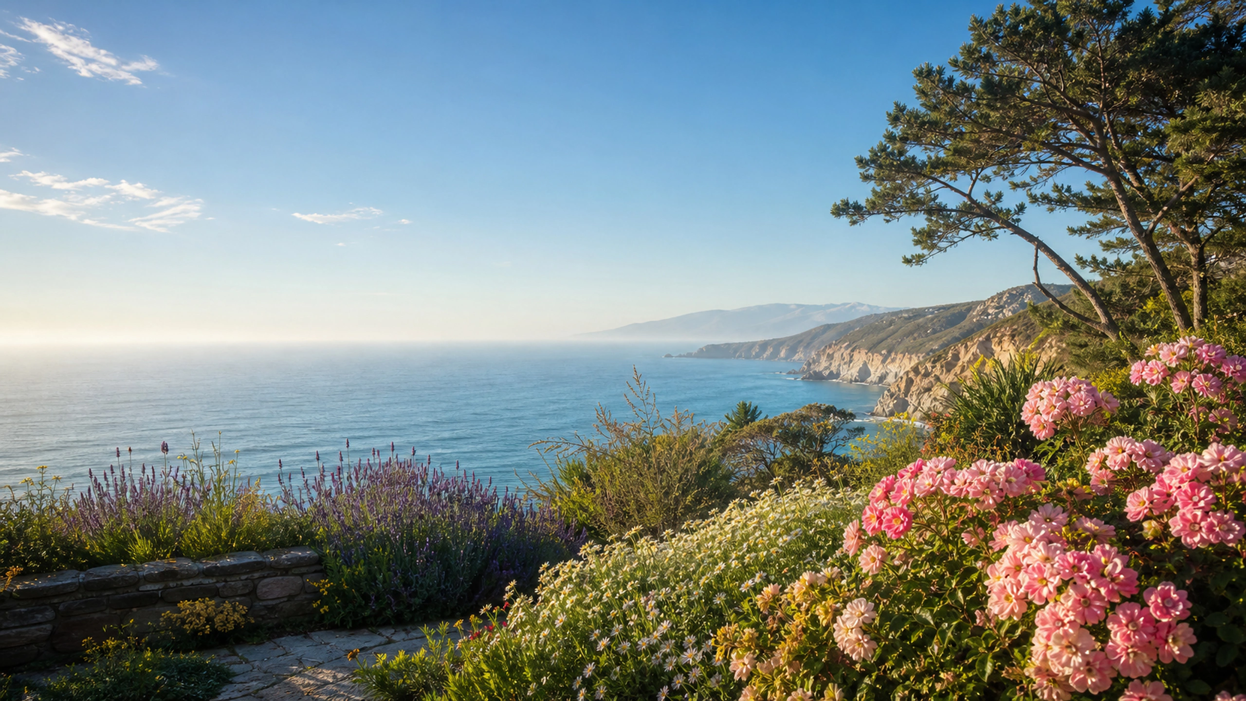 Lush flowering garden opening to a vast coastal horizon, natural materials and sea haze, original 4K travel wallpaper