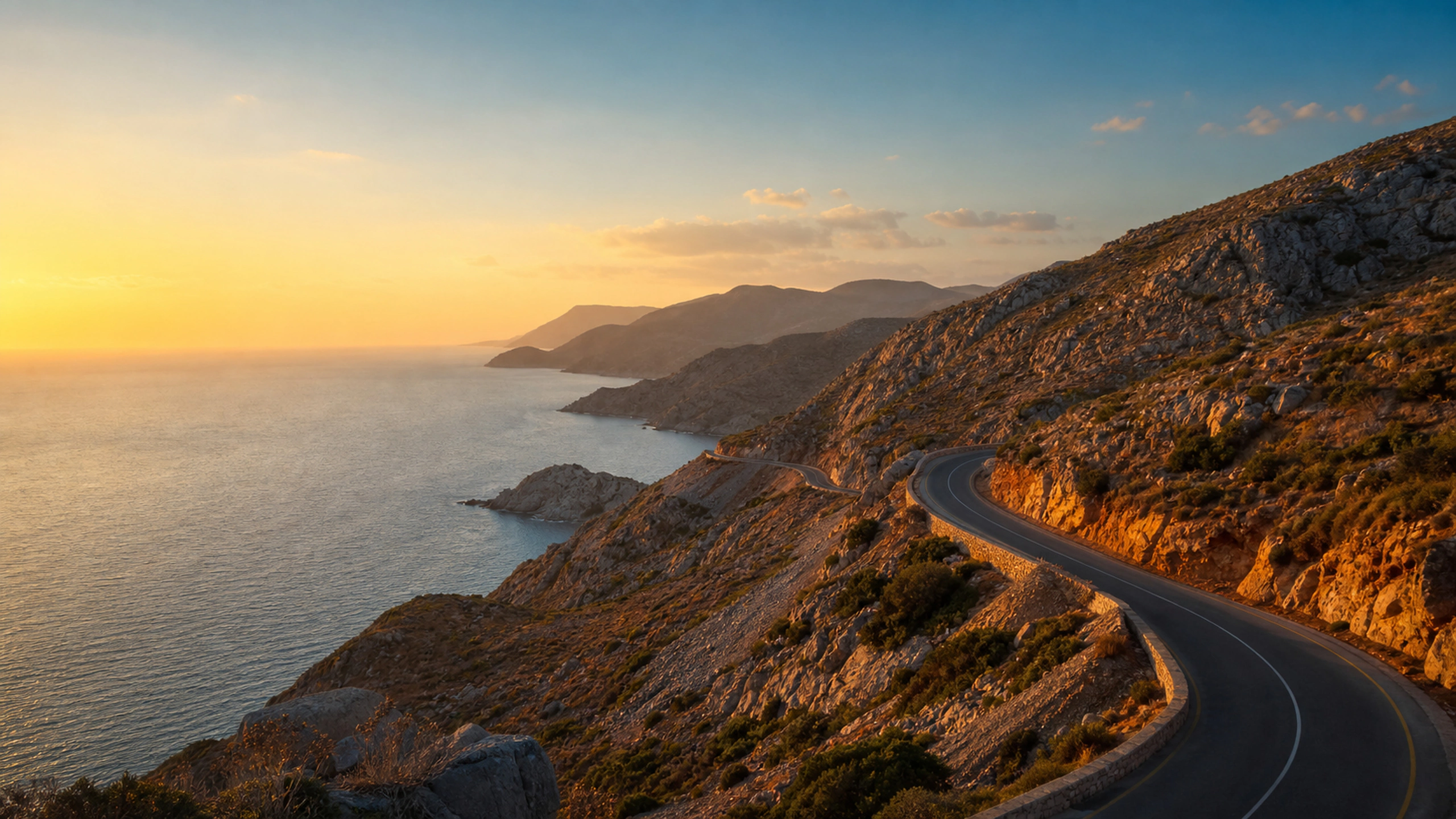 Empty winding road tracing dry coastal cliffs at sunset, distant turquoise water, original 4K travel wallpaper