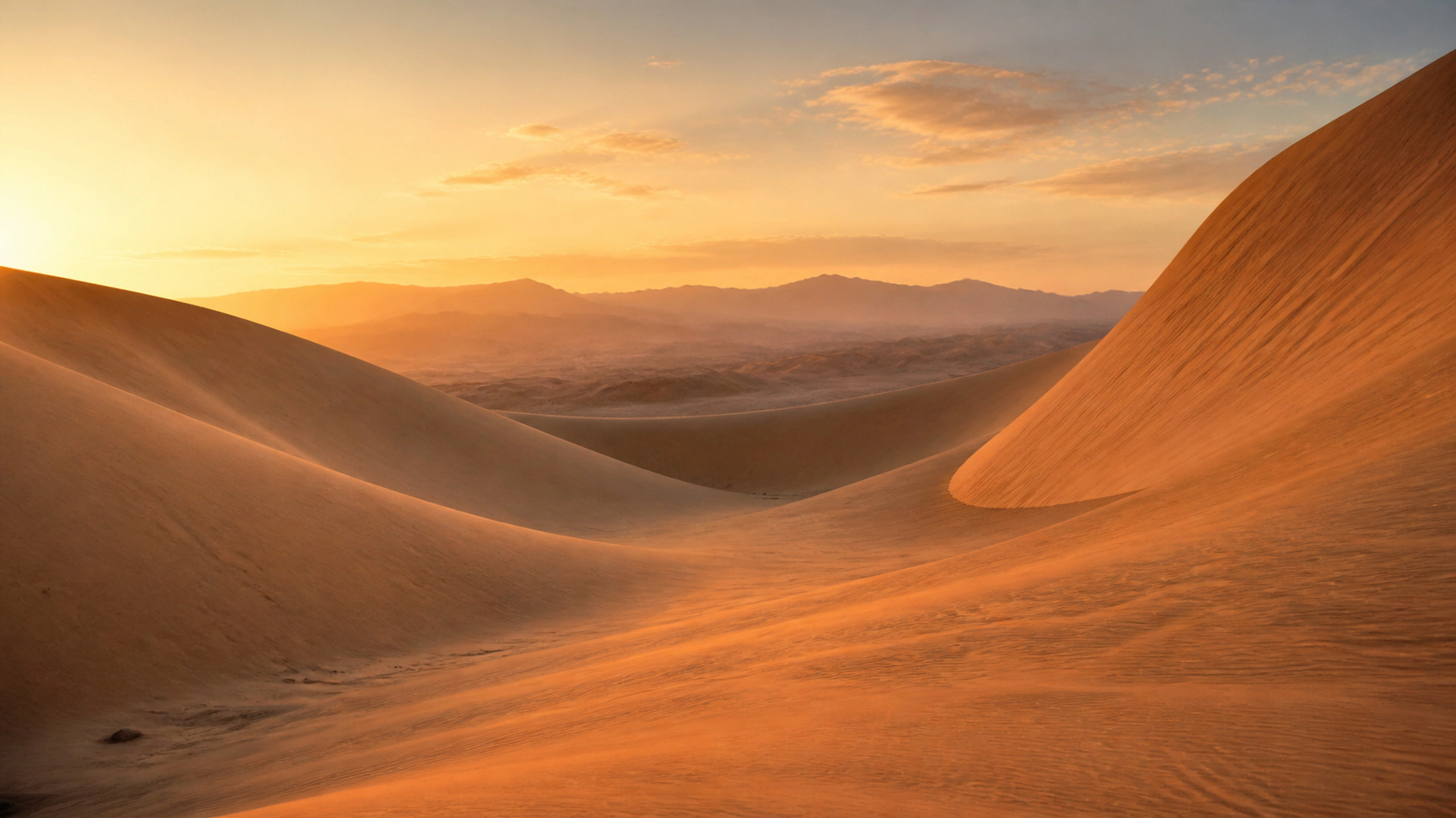 Immense untouched dunes forming a winding corridor at low golden sunrise, original 4K desert wallpaper