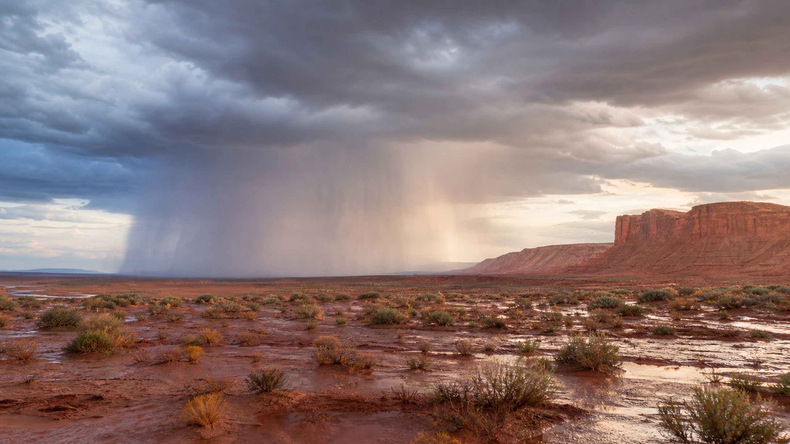 Rare rain curtain crossing red desert flats, wet earth and breaking sunlight, original 4K desert wallpaper