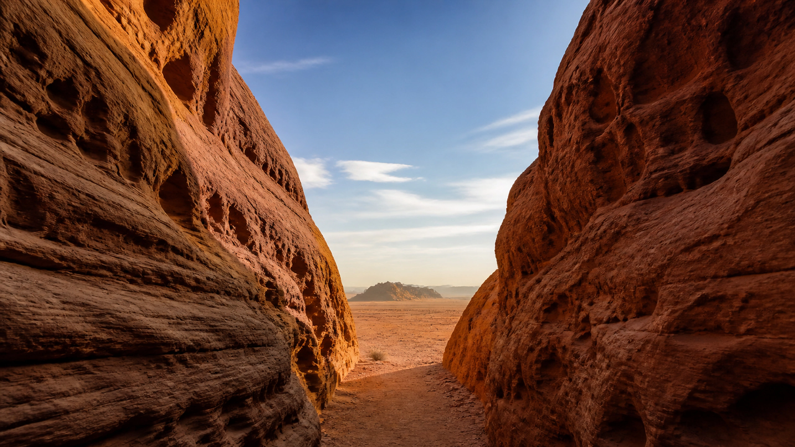 View through a narrow sandstone canyon toward bright open desert, textured rock walls, original 4K desert wallpaper