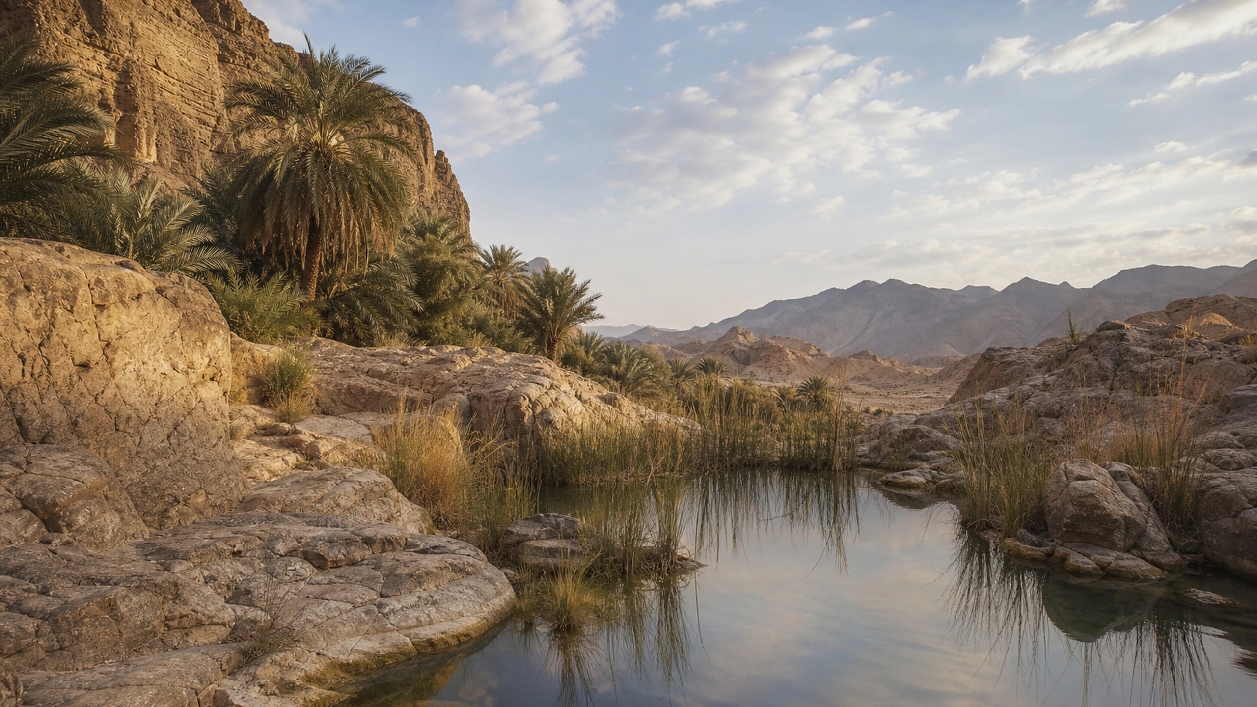 Small believable desert spring with reeds and date palms among rocky terrain, original 4K desert wallpaper