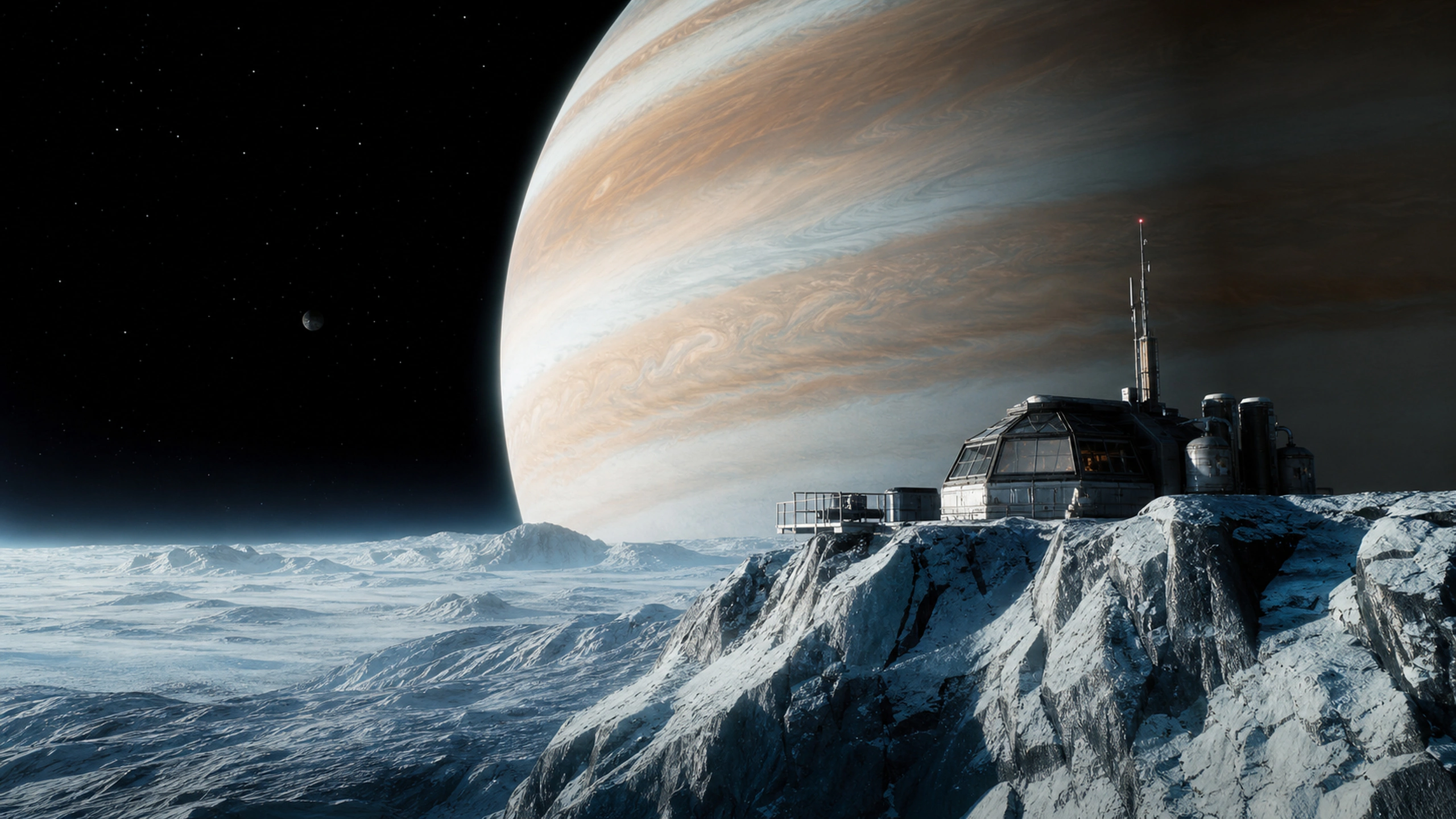Small engineered research station on an ice ridge beneath a striped gas giant, original 4K sci fi worlds wallpaper