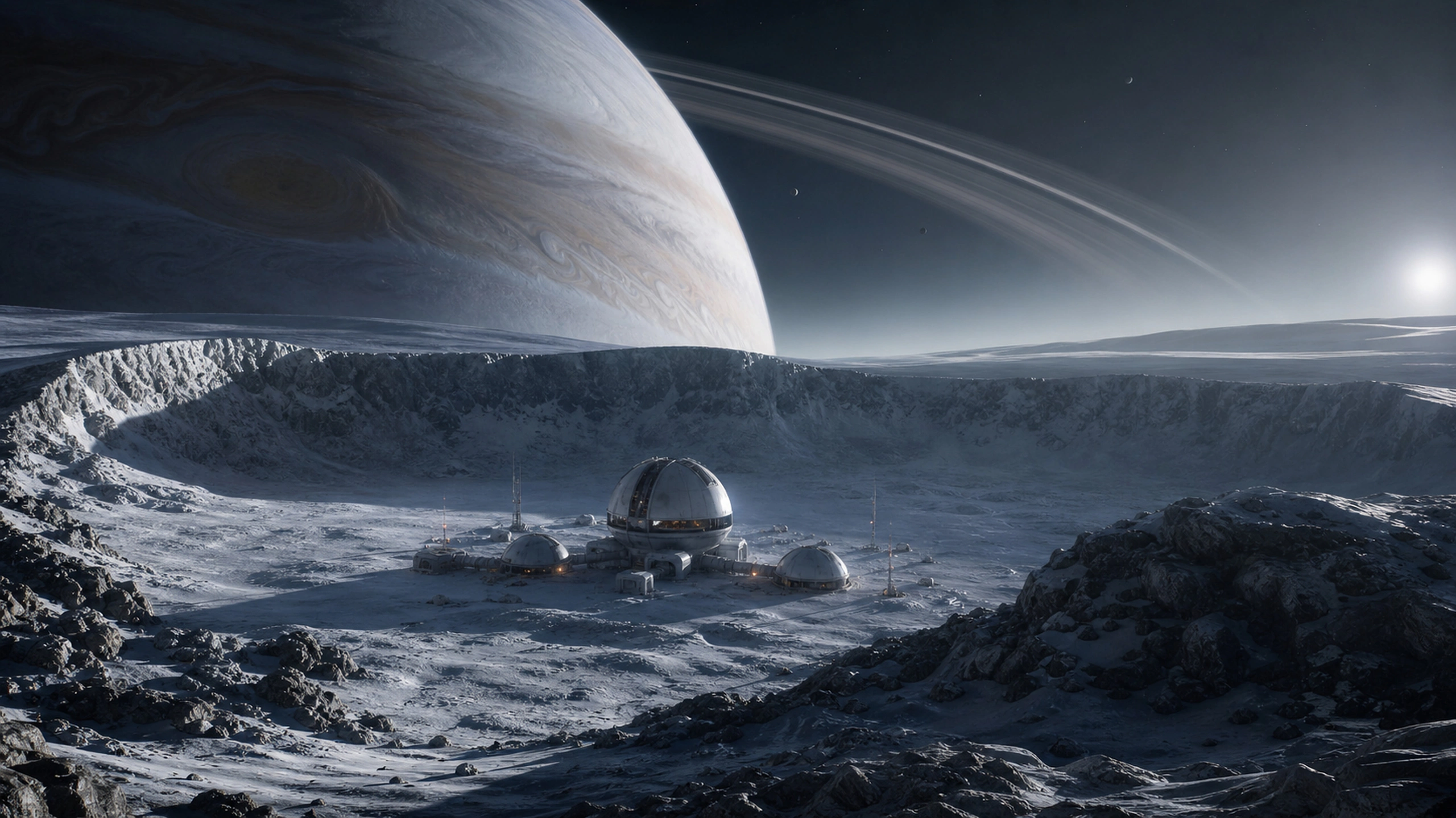 Low observatory modules inside a moon crater, huge ringed gas giant on the horizon, original 4K sci fi worlds wallpaper