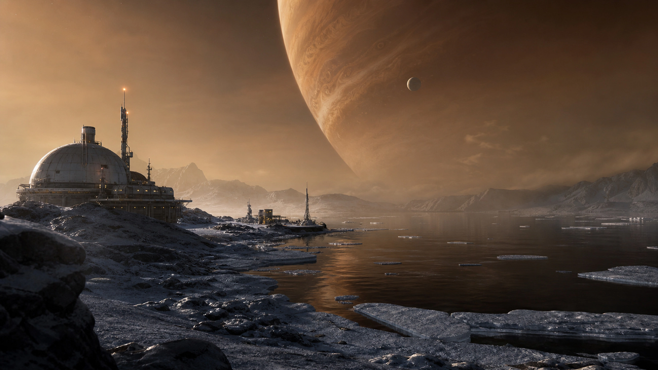 Scientific outpost beside a dark alien hydrocarbon lake under amber planetary light, original 4K sci fi worlds wallpaper