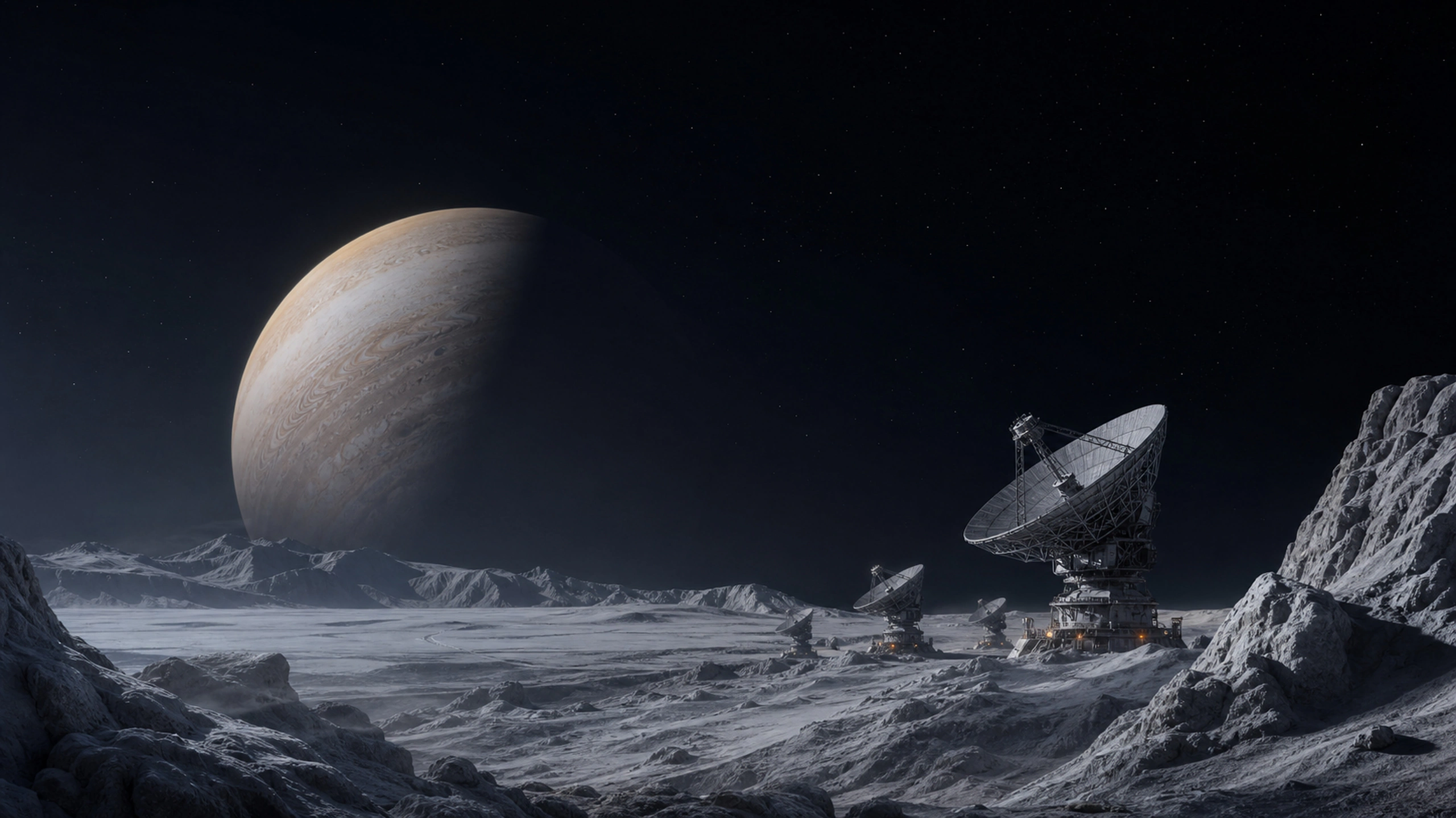 Remote antenna array on a frozen moon, gas giant faintly lighting the black sky, original 4K sci fi worlds wallpaper