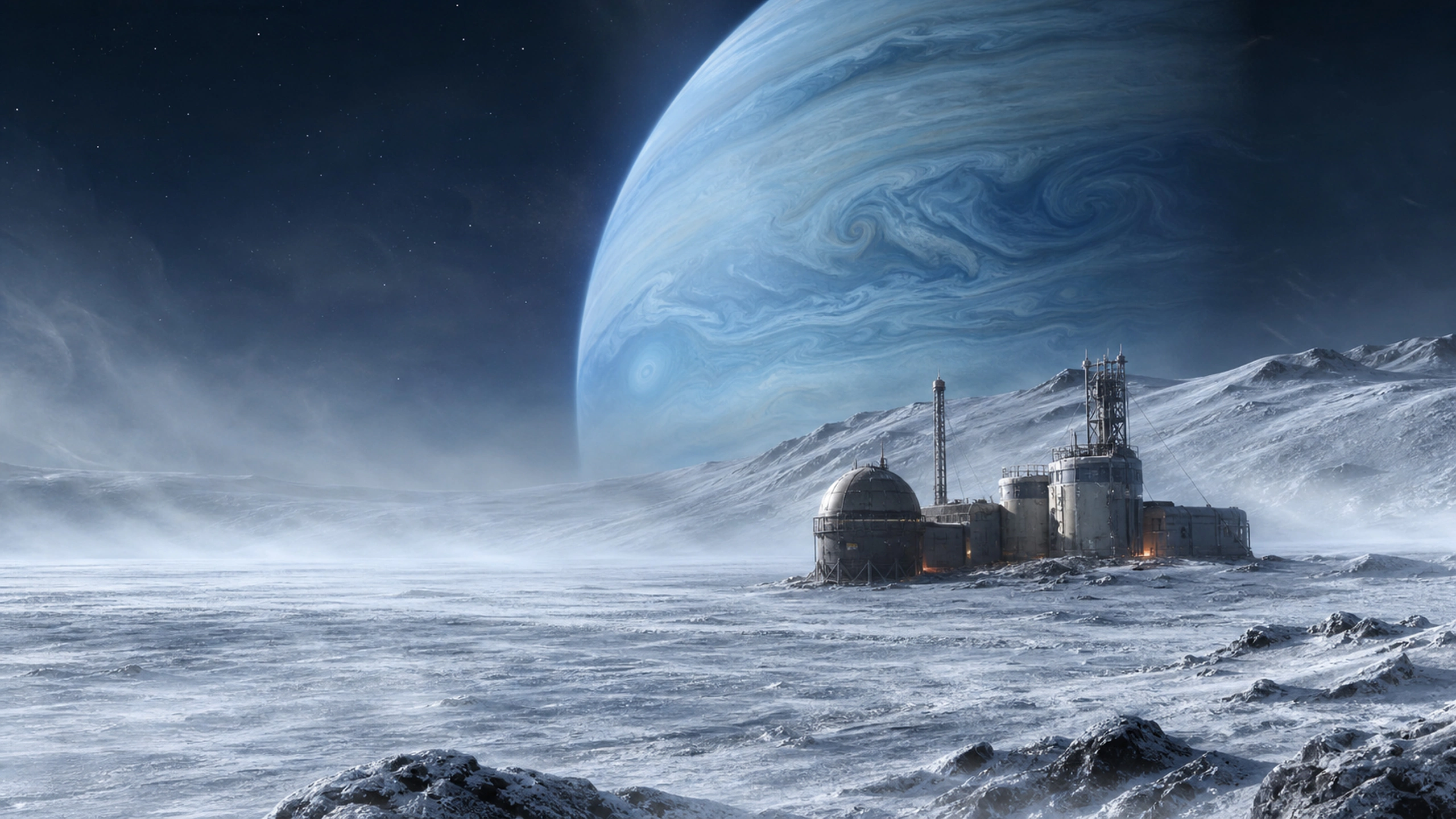 Compact outpost enduring blowing ice beneath a turbulent blue gas giant, original 4K sci fi worlds wallpaper