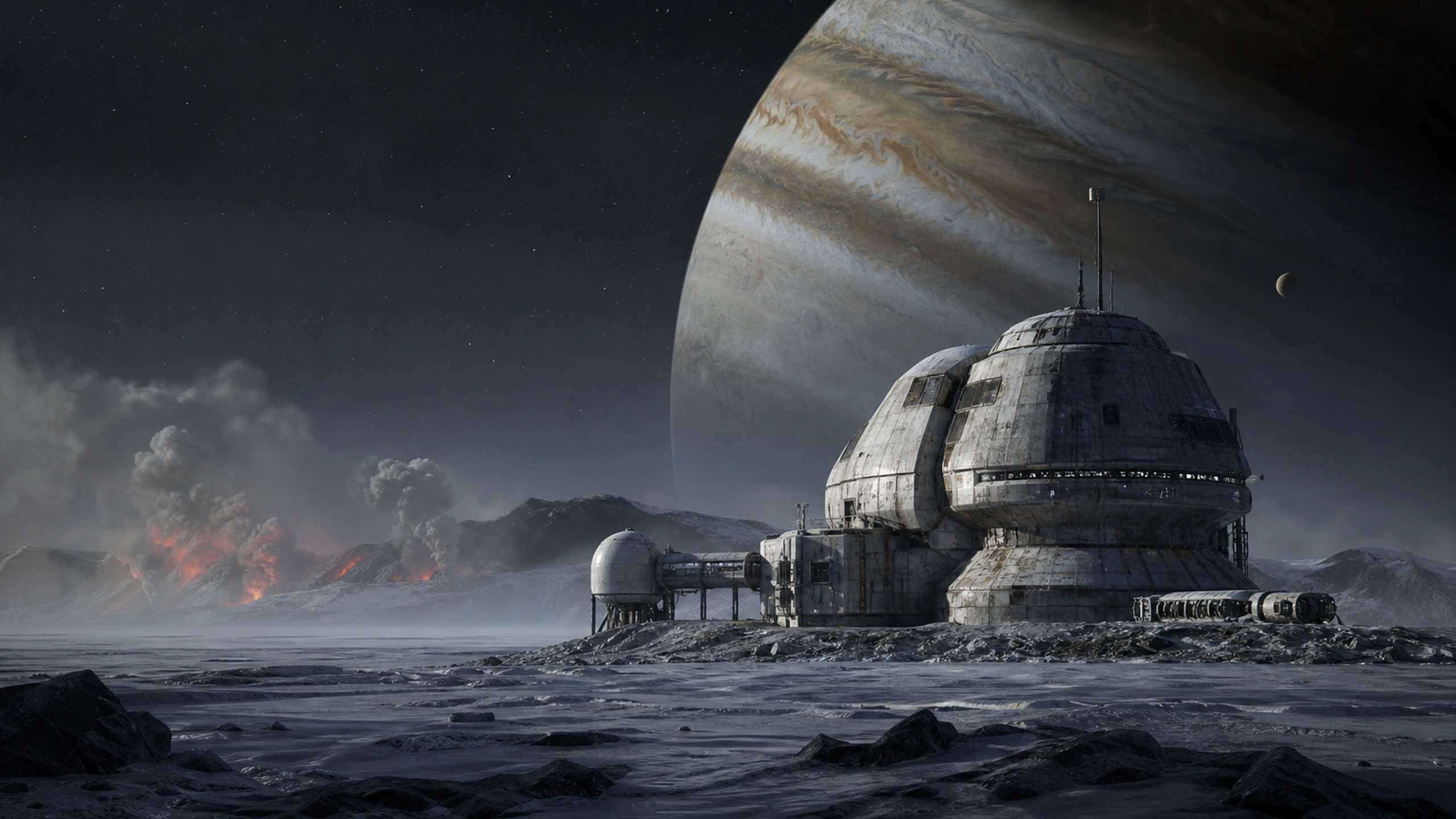 Heat-shielded research structure near distant volcanic terrain, giant planet overhead, original 4K sci fi worlds wallpaper