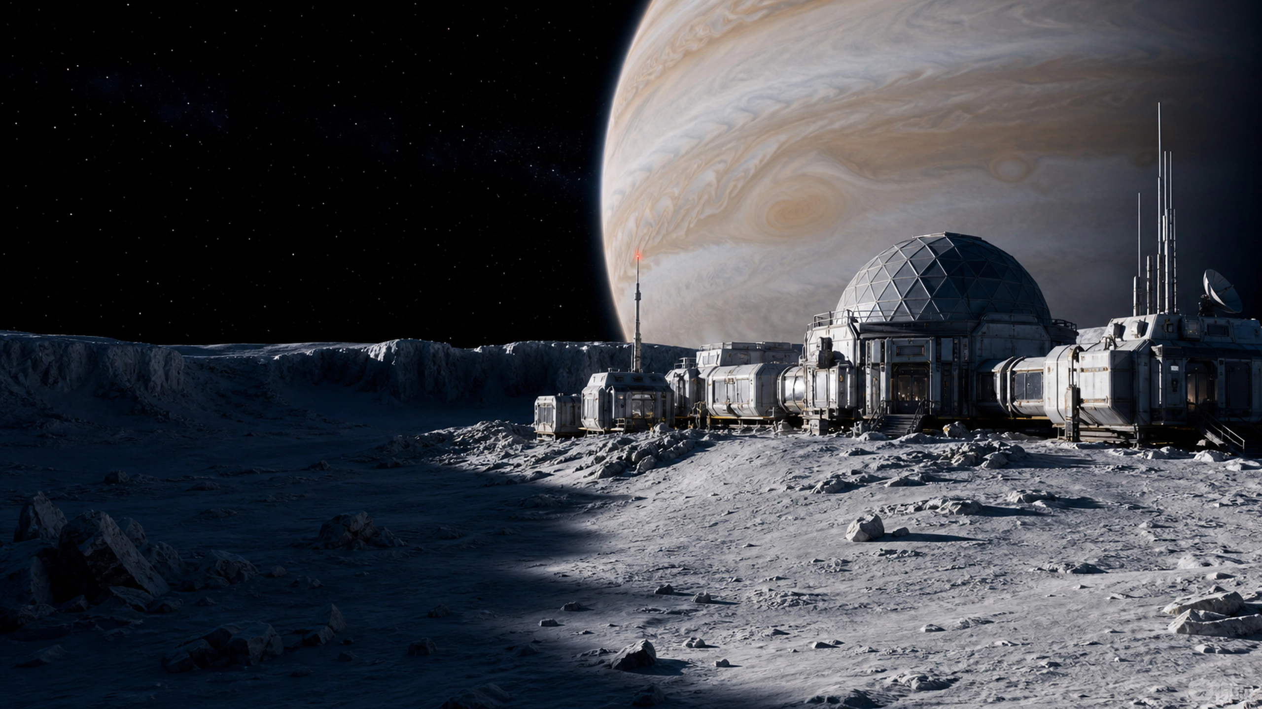 Modular base along the moon's day-night boundary with dramatic long shadows, original 4K sci fi worlds wallpaper
