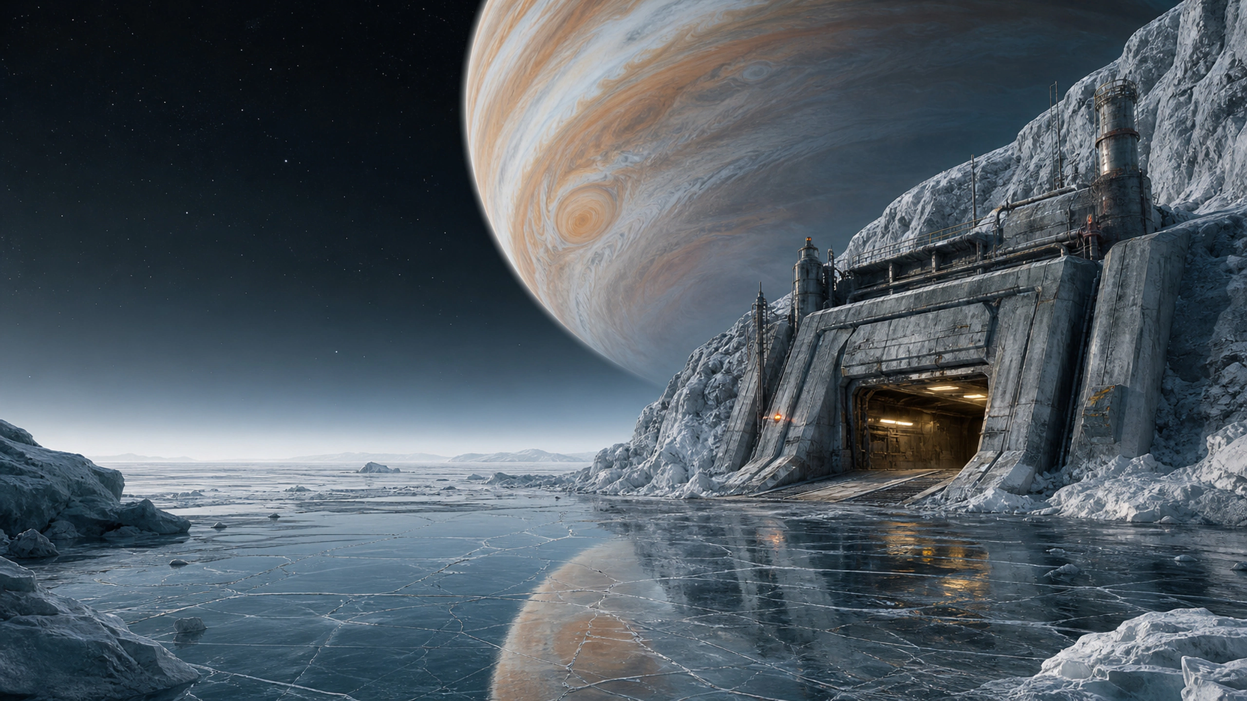 Realistic industrial entrance into an icy moon, gas giant reflected on fractured ice, original 4K sci fi worlds wallpaper