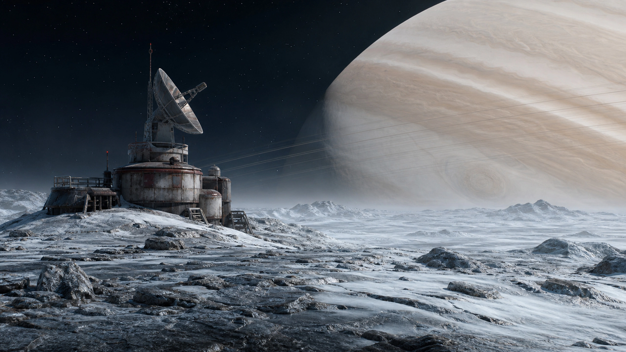 Weathered unmanned relay station on a barren moon beneath a pale enormous planet, original 4K sci fi worlds wallpaper