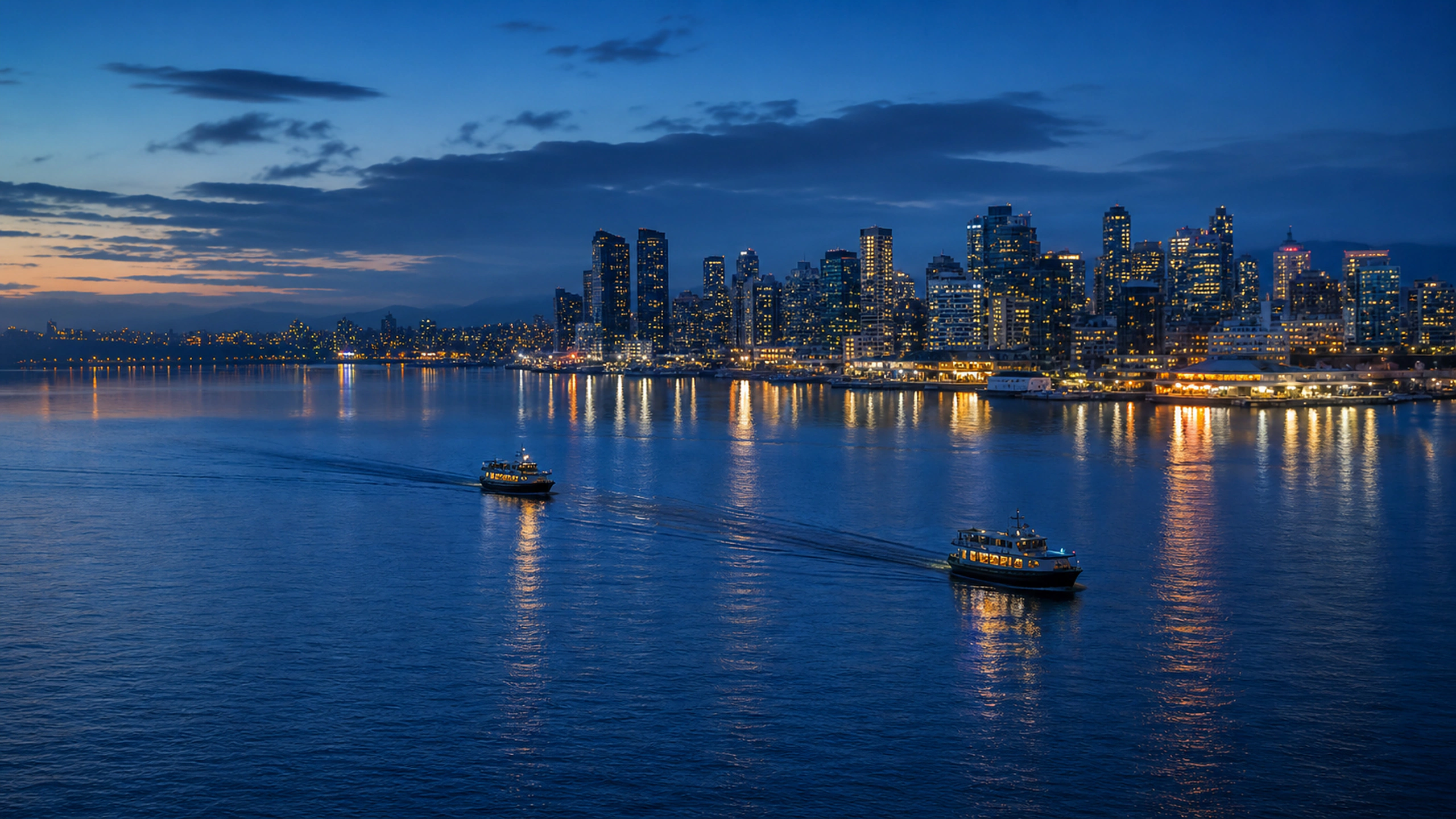 Original harbor with two small generic ferries leaving long blue-hour reflections, original 4K cities wallpaper