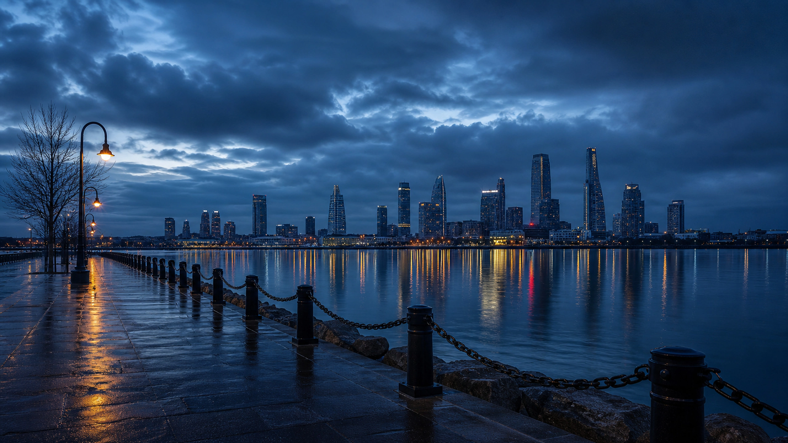 Wet waterfront promenade facing a calm invented skyline under deep indigo cloud, original 4K cities wallpaper