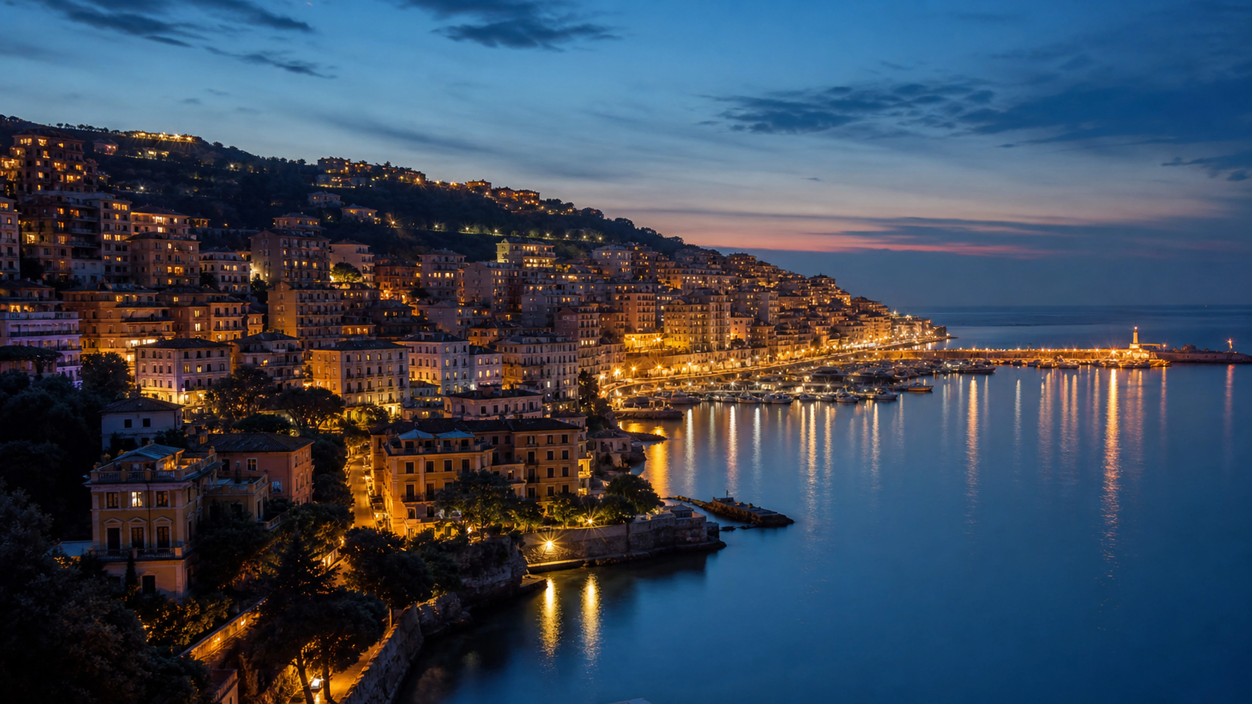 Original hillside city descending to a sheltered port, scattered warm evening windows, original 4K cities wallpaper