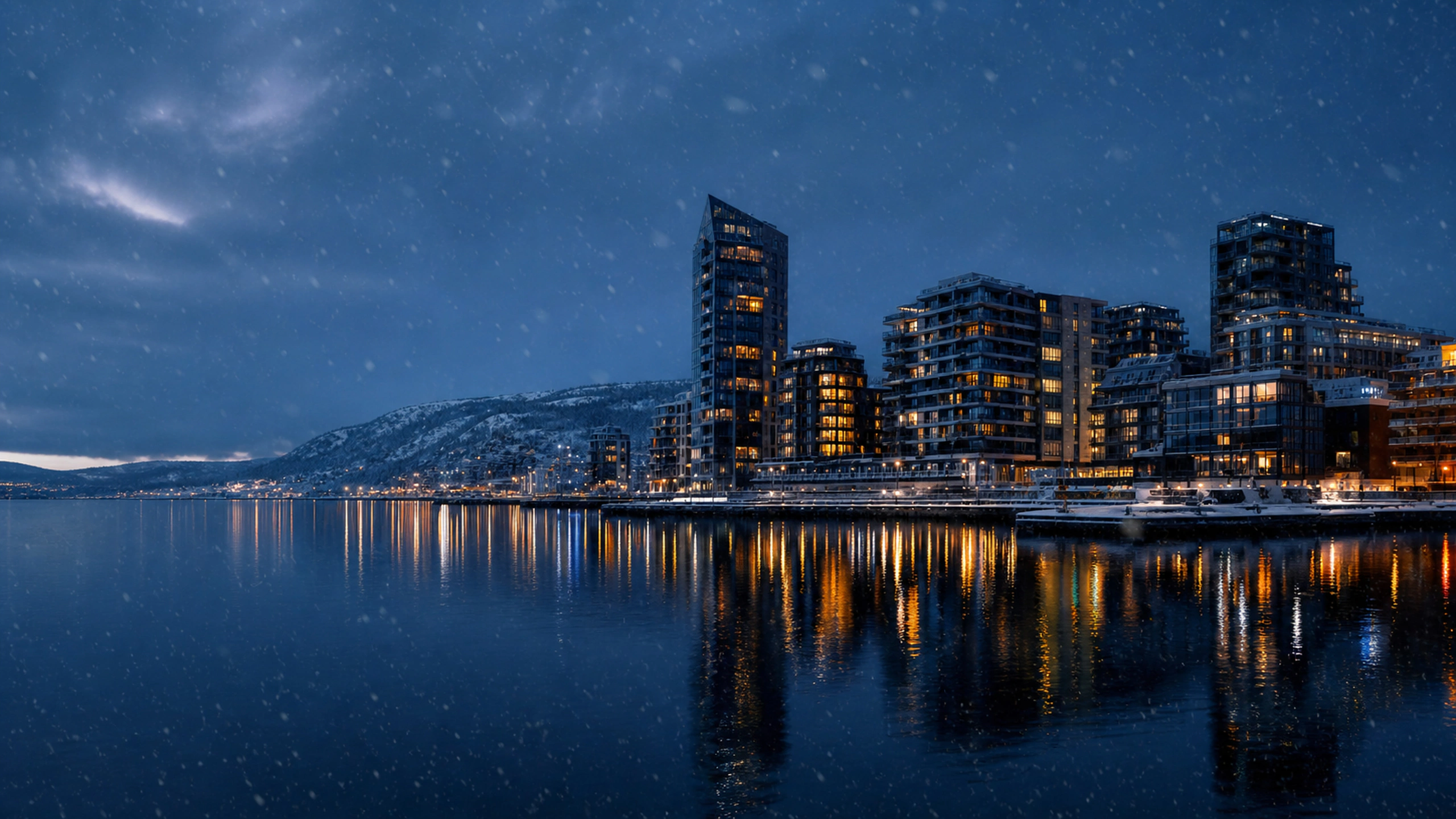 Light snow over a northern harbor city, dark water and warm window reflections, original 4K cities wallpaper