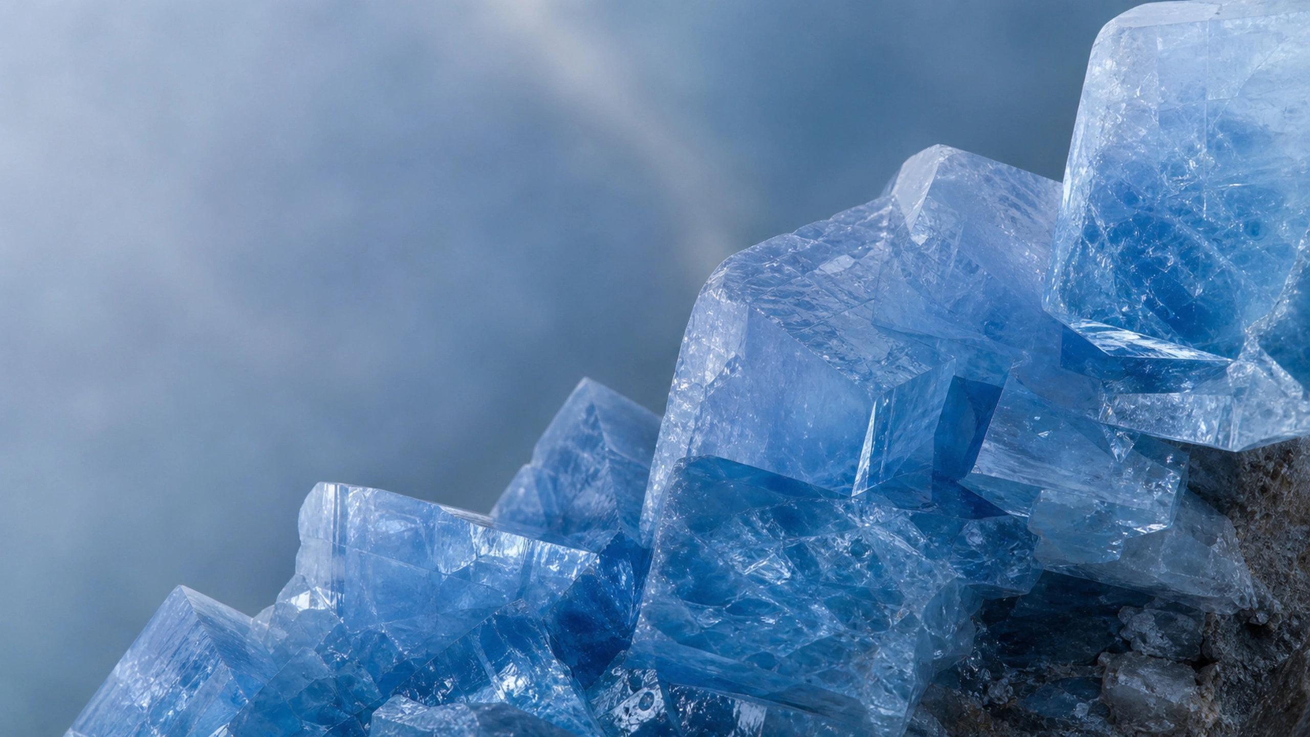 Macro blue calcite crystals with cloudy internal structure and restrained luminous edges, original 4K textures wallpaper