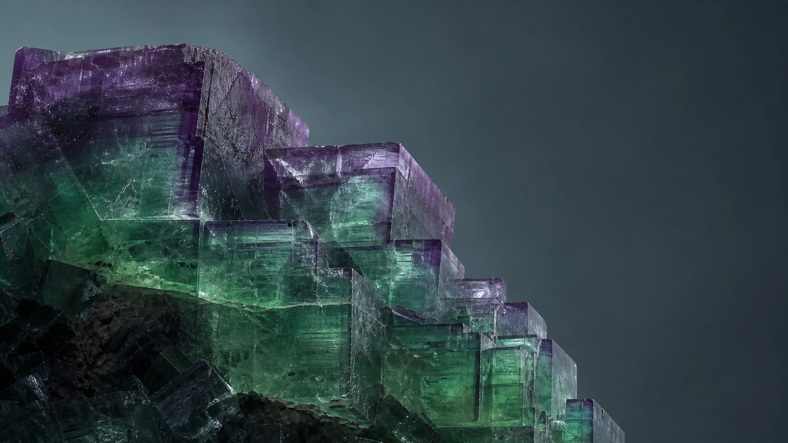 Stacked green-violet fluorite crystal zones, realistic inclusions and imperfect edges, original 4K textures wallpaper
