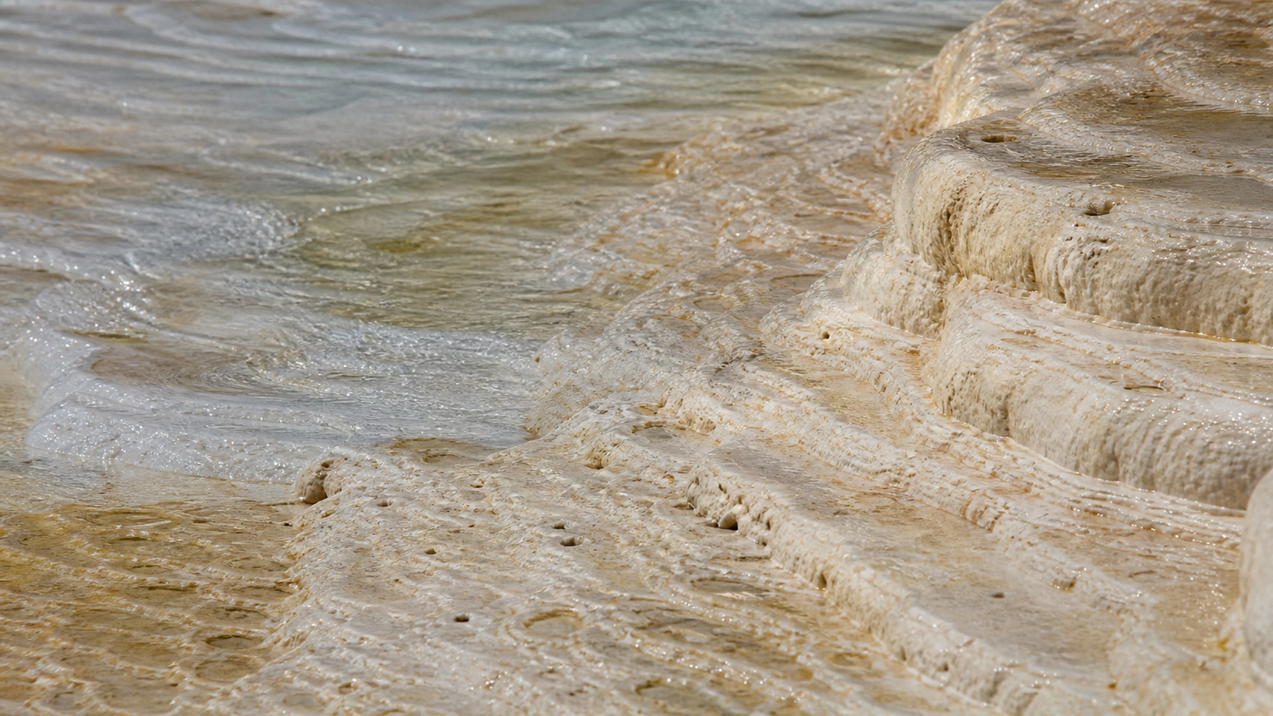 Flowing cream travertine layers with pores and mineral deposits, raking daylight, original 4K textures wallpaper