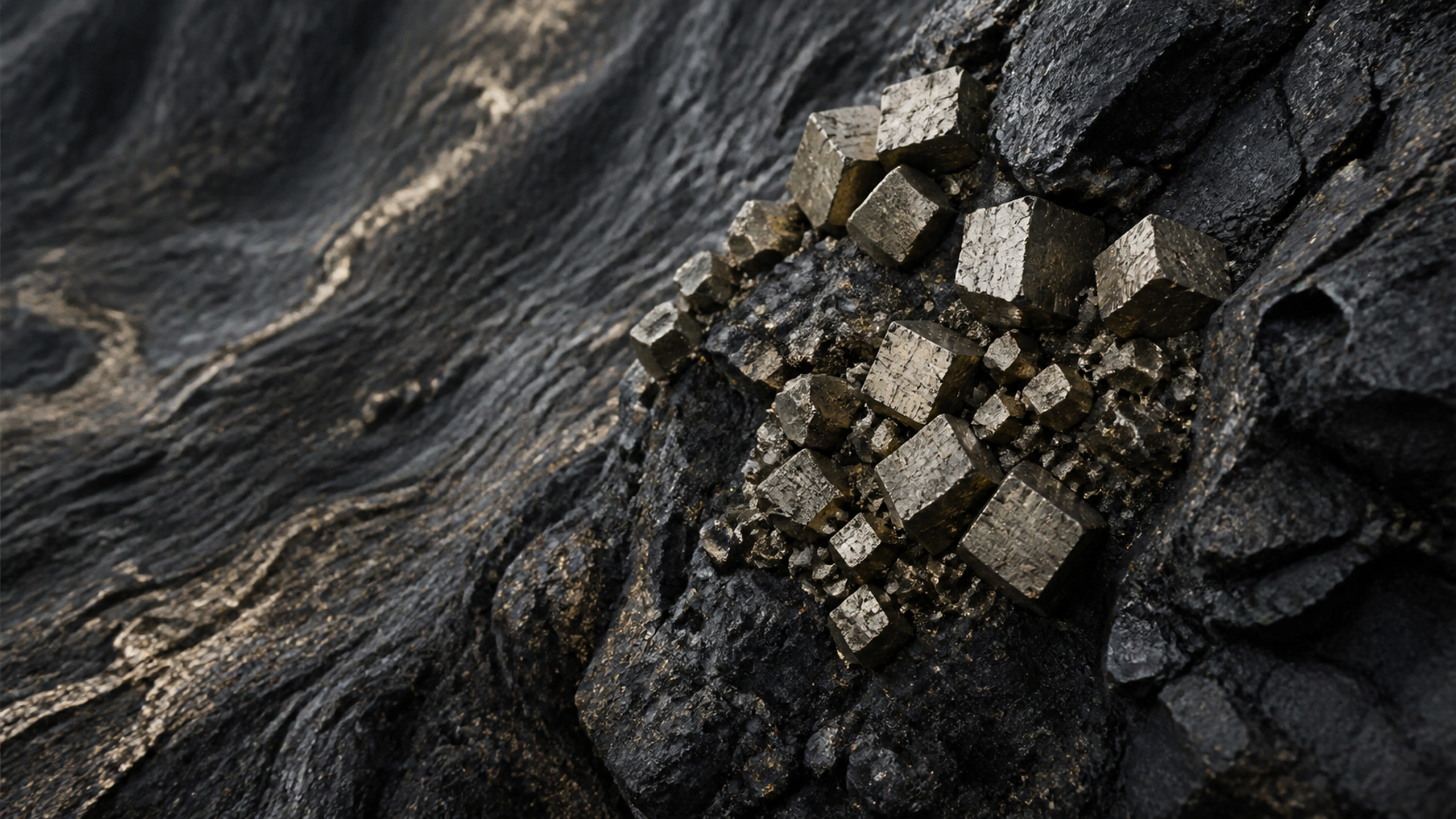 Cluster of imperfect pyrite cubes emerging from dark stone, fine metallic texture, original 4K textures wallpaper