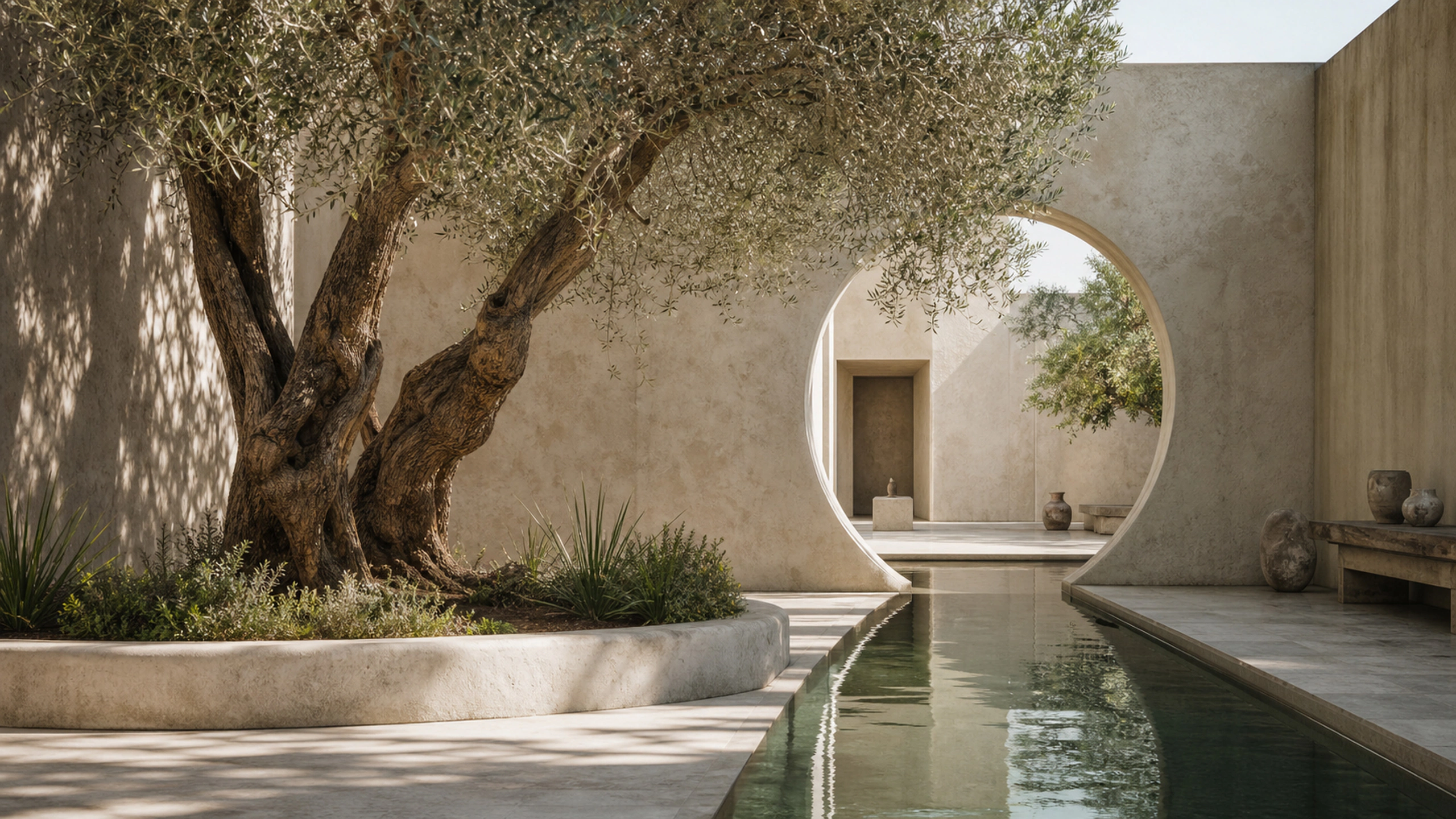 Original white-lime courtyard with one circular arch, old olive tree and narrow reflecting pool, original 4K architecture wallpaper