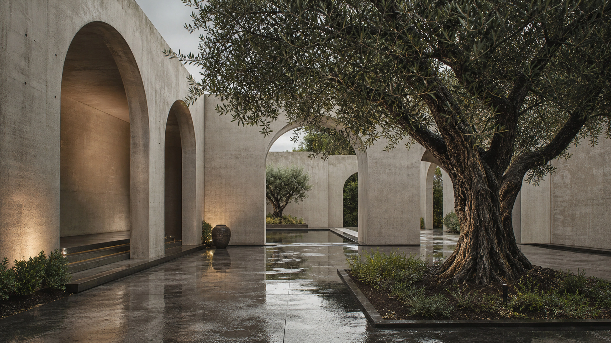 Minimal concrete arches surrounding a rain-dark courtyard and mature olive tree, original 4K architecture wallpaper