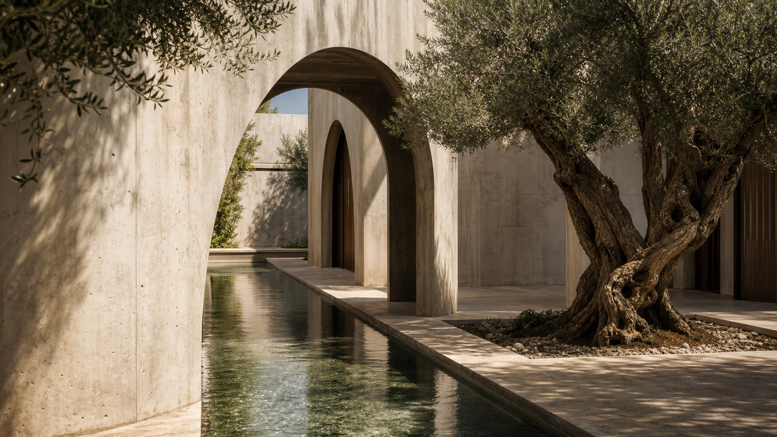 Long shallow water channel crossing beneath a series of original modern arches, original 4K architecture wallpaper