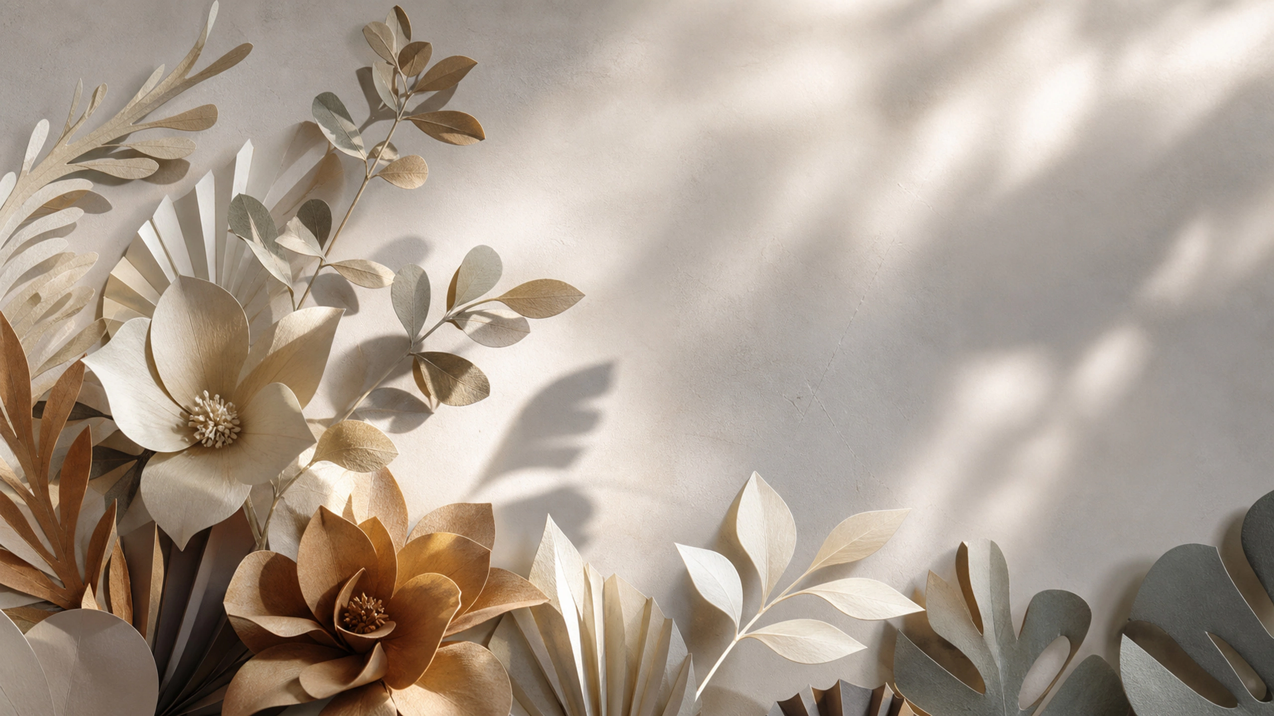 Layered botanical paper cutouts casting real shadows across a pale studio surface, original 4K abstract wallpaper