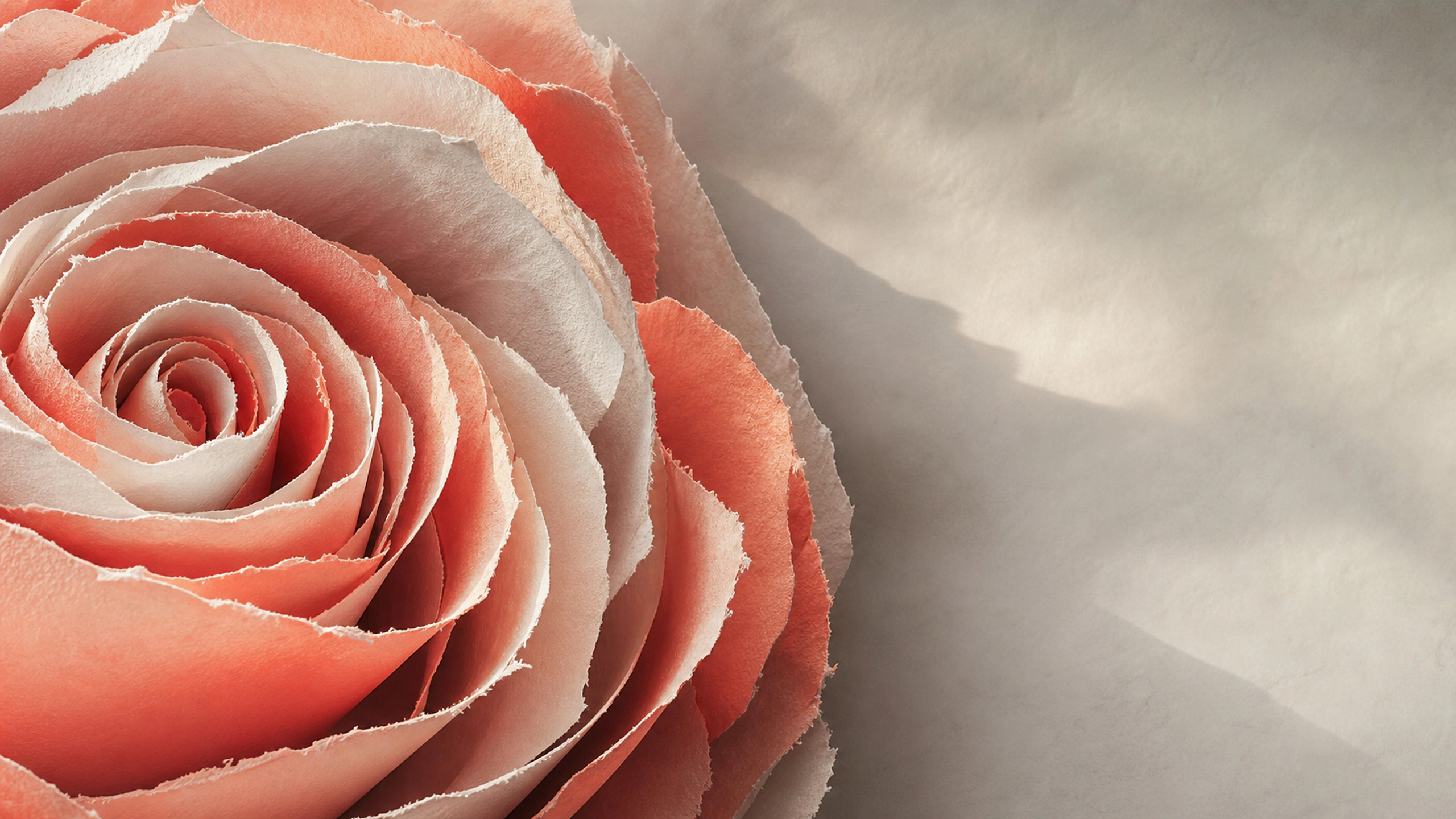 Architectural spiral of thick deckled paper petals, restrained coral and ivory palette, original 4K abstract wallpaper