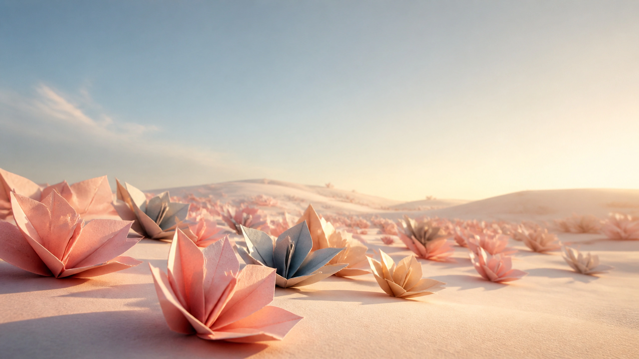 Field of abstract origami flower forms viewed low across a matte pastel surface, original 4K abstract wallpaper