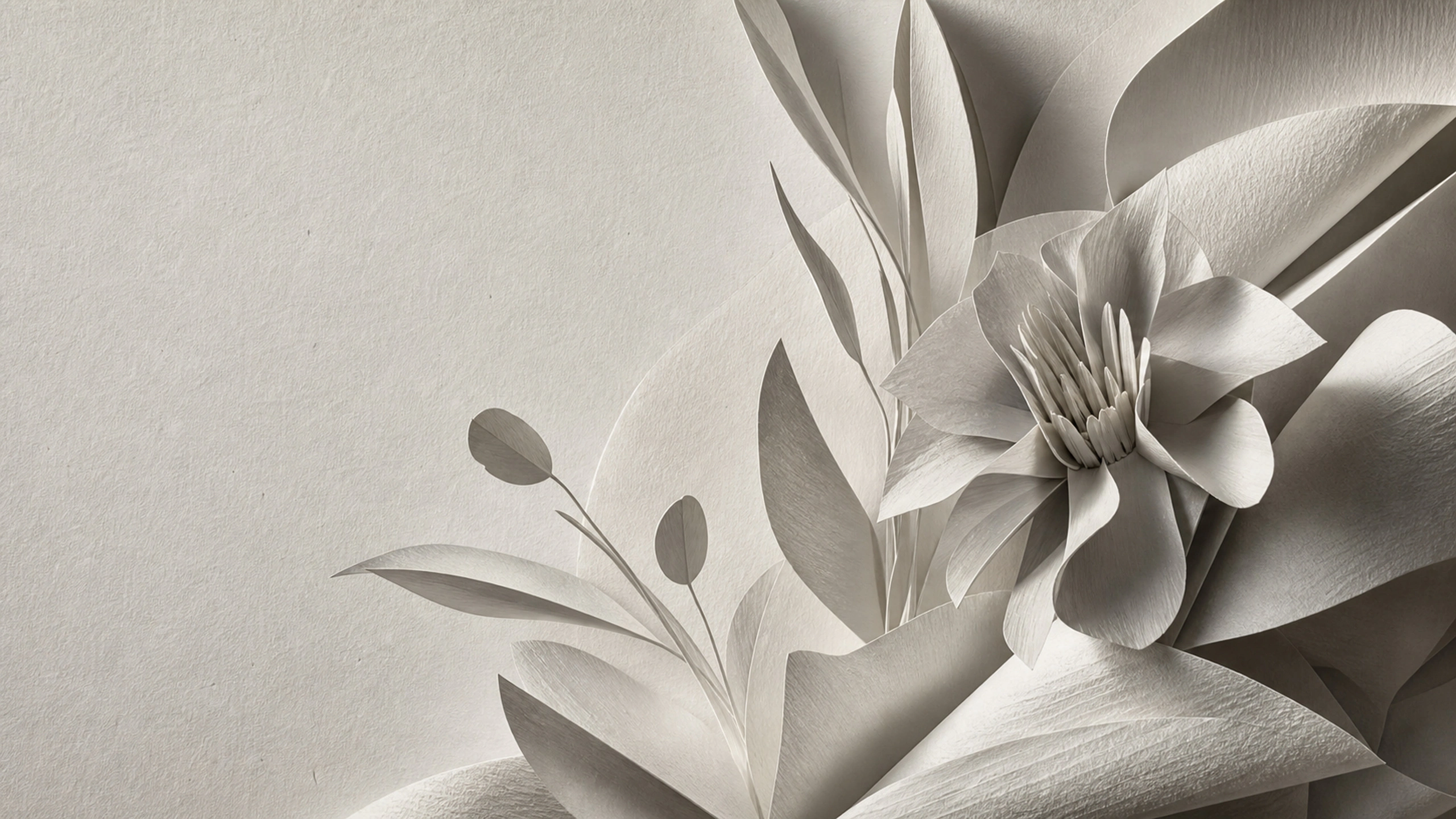 Monochrome embossed botanical paper relief with deep raking shadows and tactile grain, original 4K abstract wallpaper
