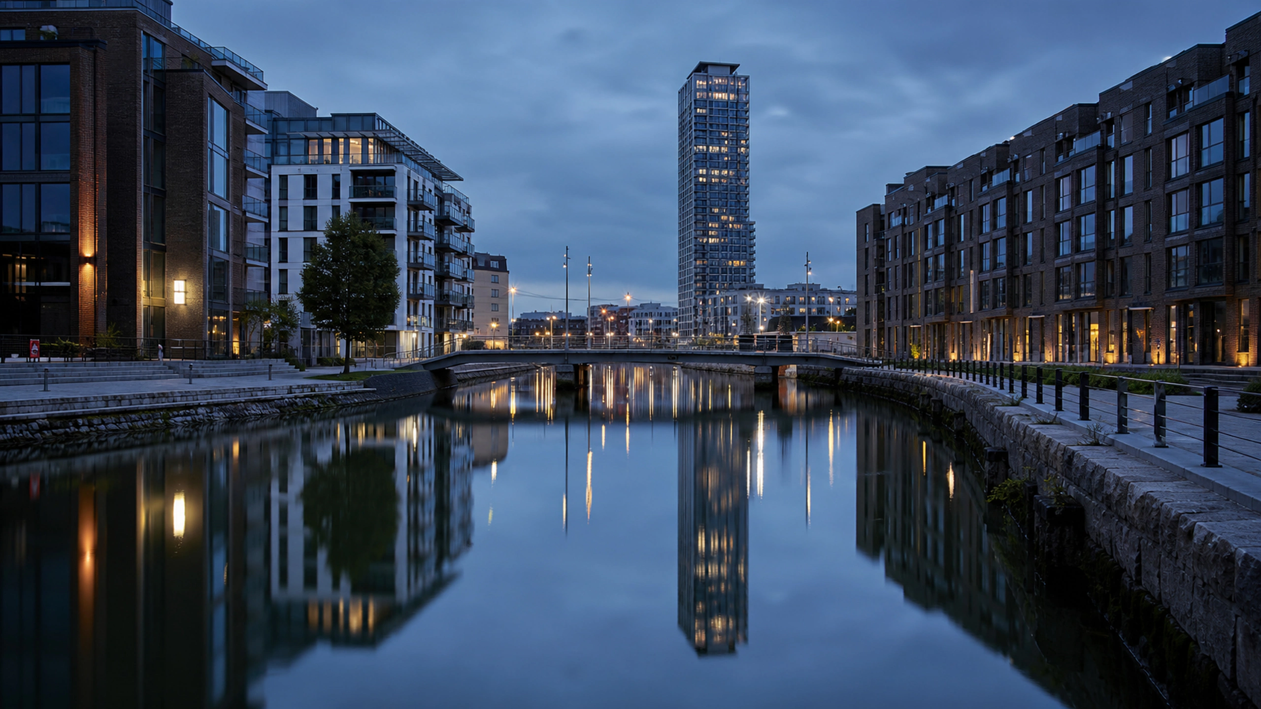 Original modern city beside a narrow canal, empty bridges and blue-hour reflections, original 4K cities wallpaper